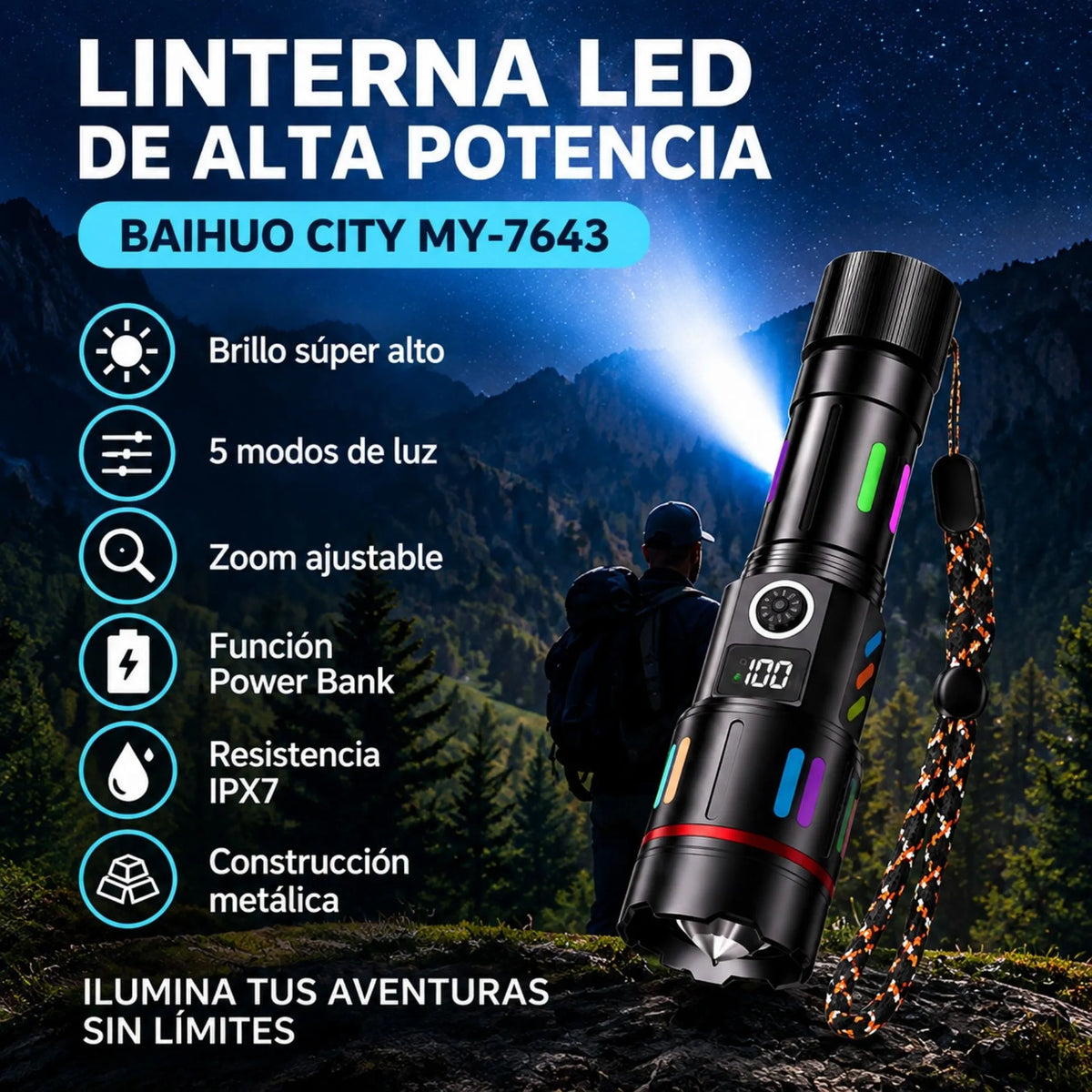 Linterna LED Recargable De Alta Potencia Con Power Bank, Zoom E IPX7 Baihuo City MY-7643