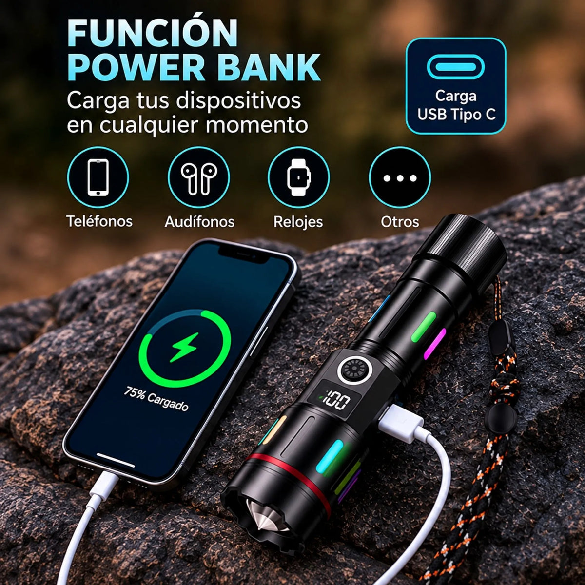 Linterna LED Recargable De Alta Potencia Con Power Bank, Zoom E IPX7 Baihuo City MY-7643