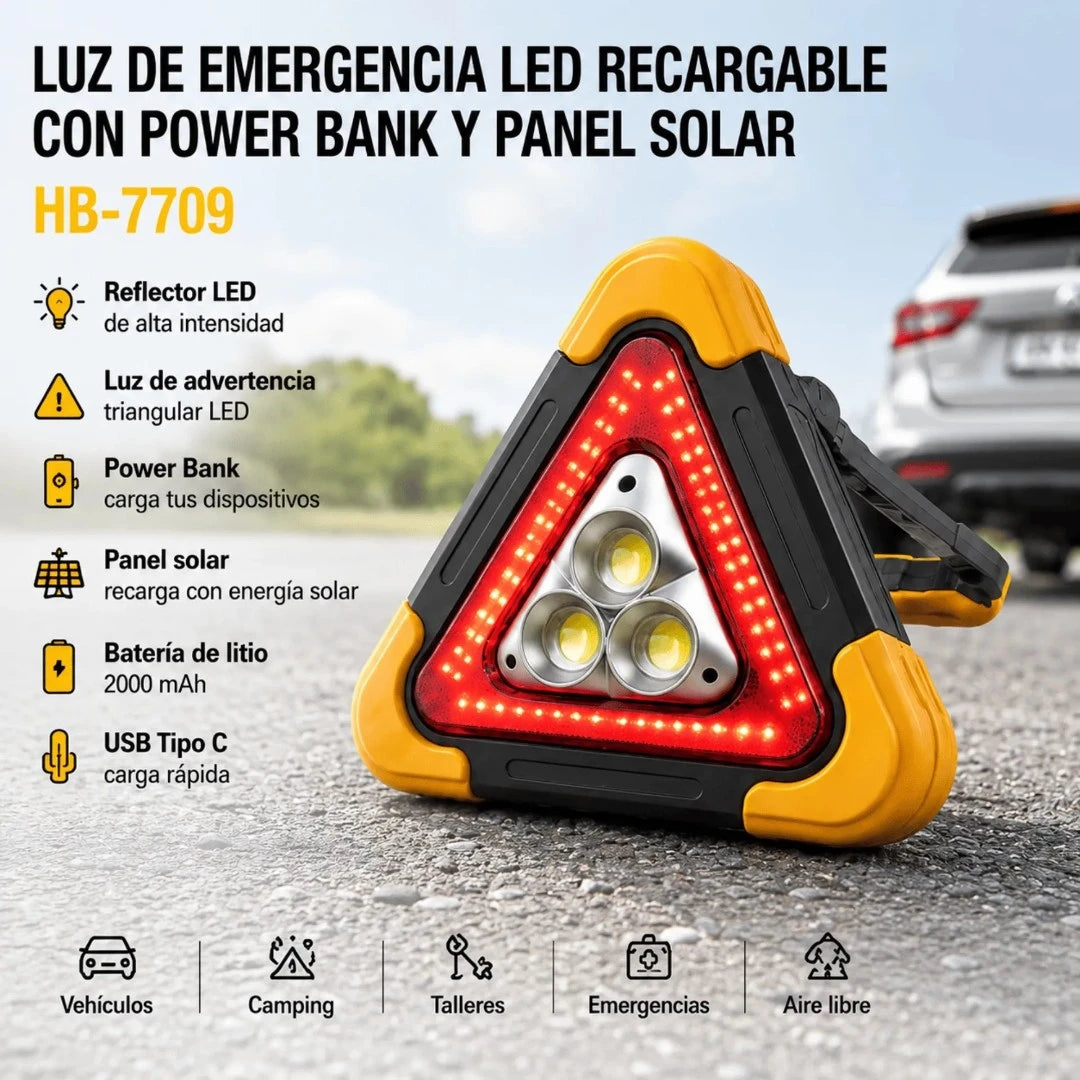 Luz De Emergencia LED Recargable Con Power Bank Y Panel Solar HB-7709