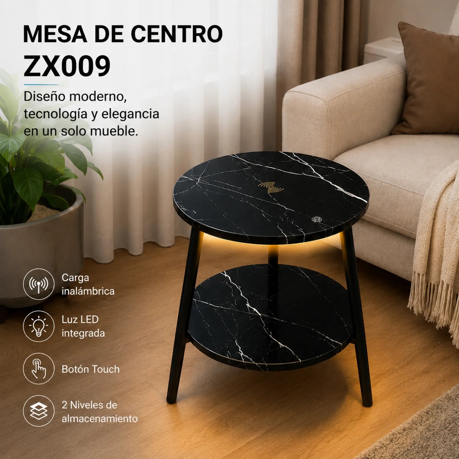 Mesa de Centro 2 Niveles Diseño Mármol Con Carga Inalámbrica y Luz Touch ZX009