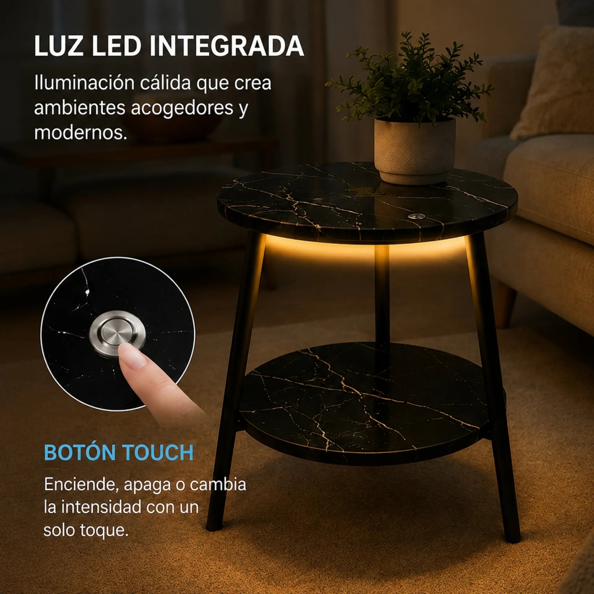 Mesa de Centro 2 Niveles Diseño Mármol Con Carga Inalámbrica y Luz Touch ZX009