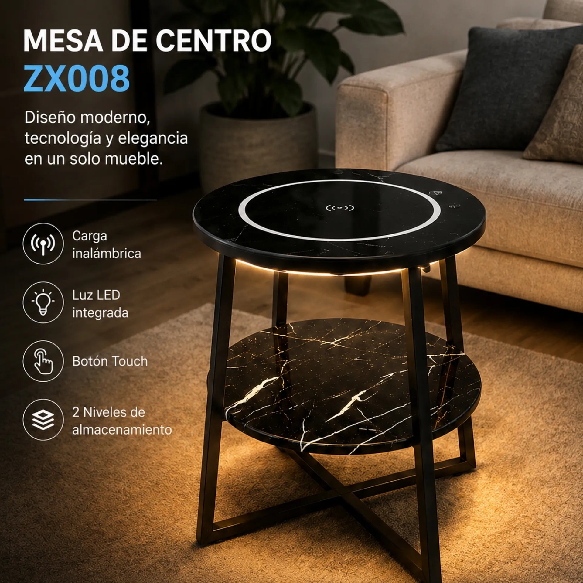 Mesa De Centro 2 Niveles Diseño Mármol Con Carga Inalámbrica Y Luz Touch ZX008
