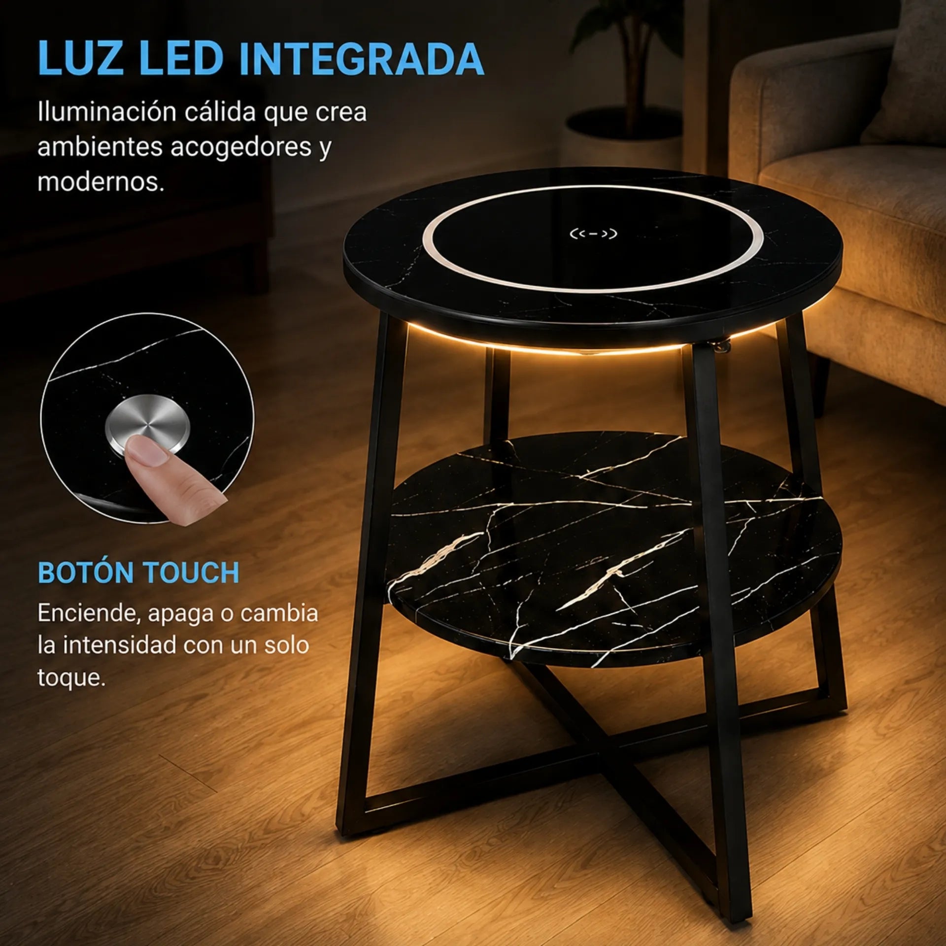 Mesa De Centro 2 Niveles Diseño Mármol Con Carga Inalámbrica Y Luz Touch ZX008