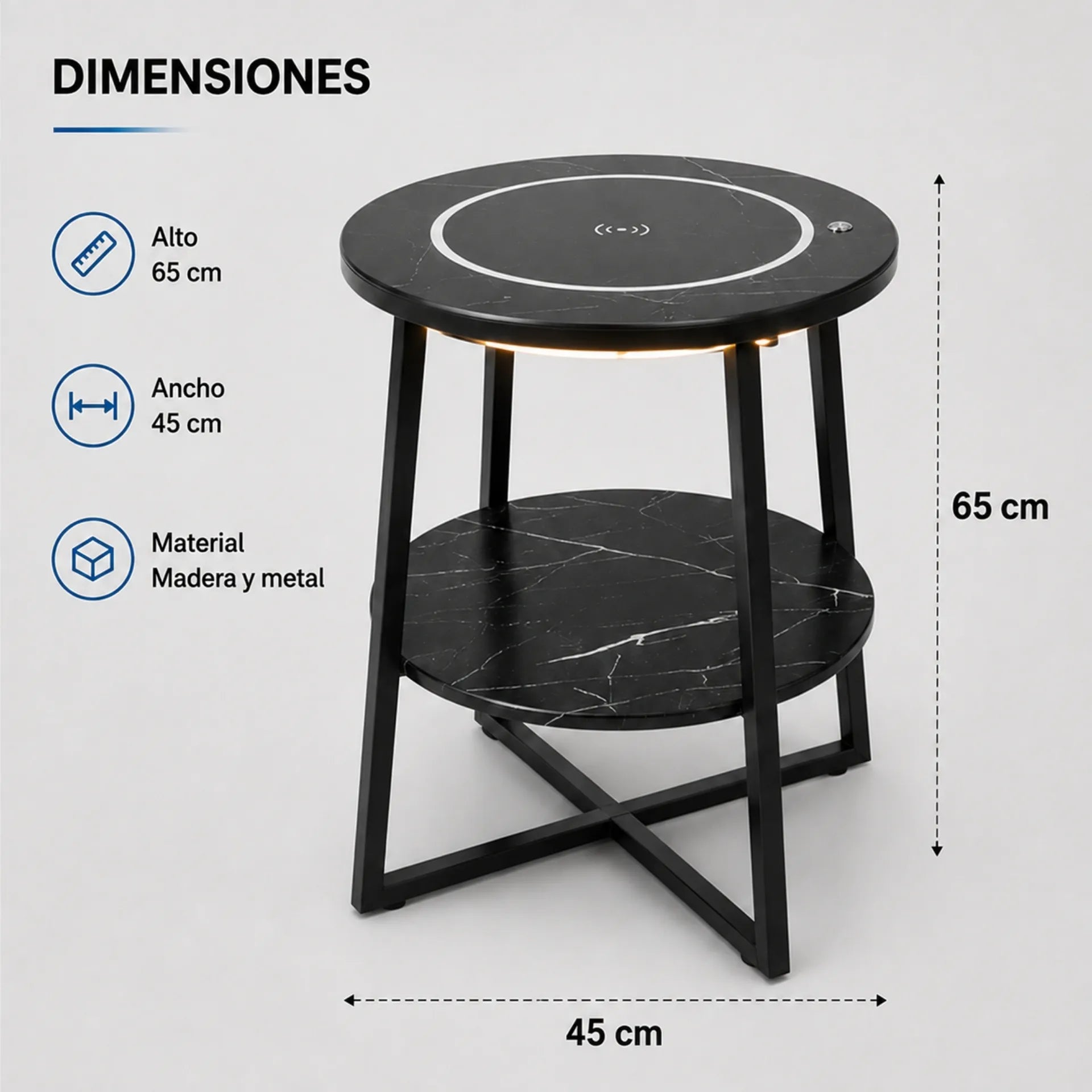 Mesa De Centro 2 Niveles Diseño Mármol Con Carga Inalámbrica Y Luz Touch ZX008