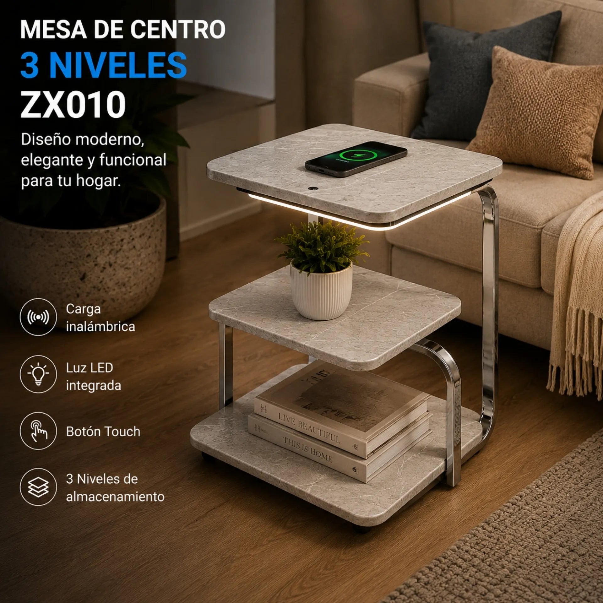 Mesa De Centro 3 Niveles Diseño Mármol Con Carga Inalámbrica Y Luz Touch ZX010 B2B