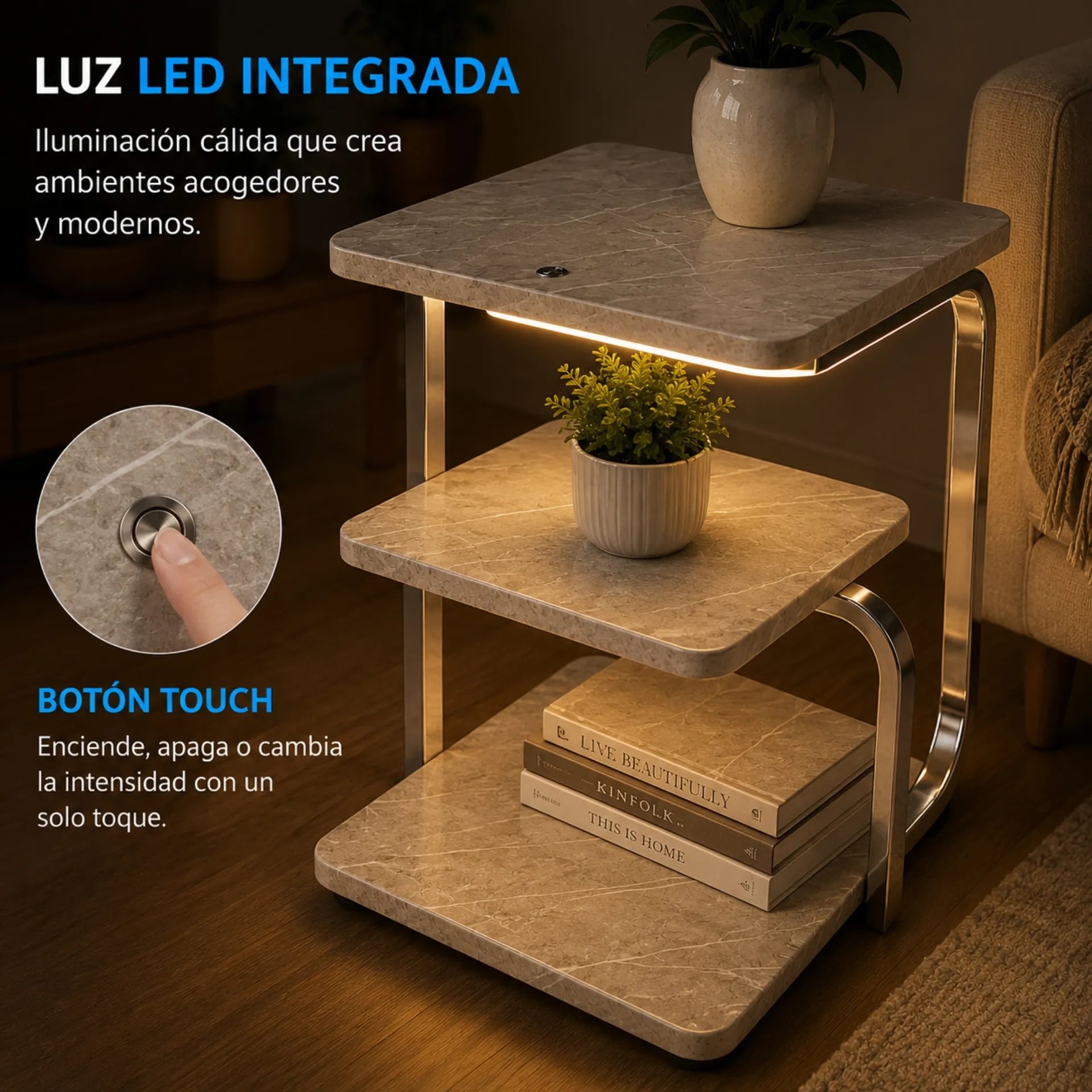 Mesa De Centro 3 Niveles Diseño Mármol Con Carga Inalámbrica Y Luz Touch ZX010 B2B