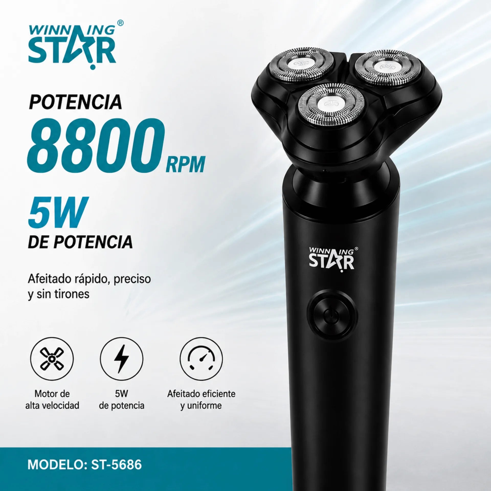 Máquina Afeitadora Winning Star Con 3 Cabezales Flotantes 3D, Motor 8800 RPM y Carga USB ST-5686