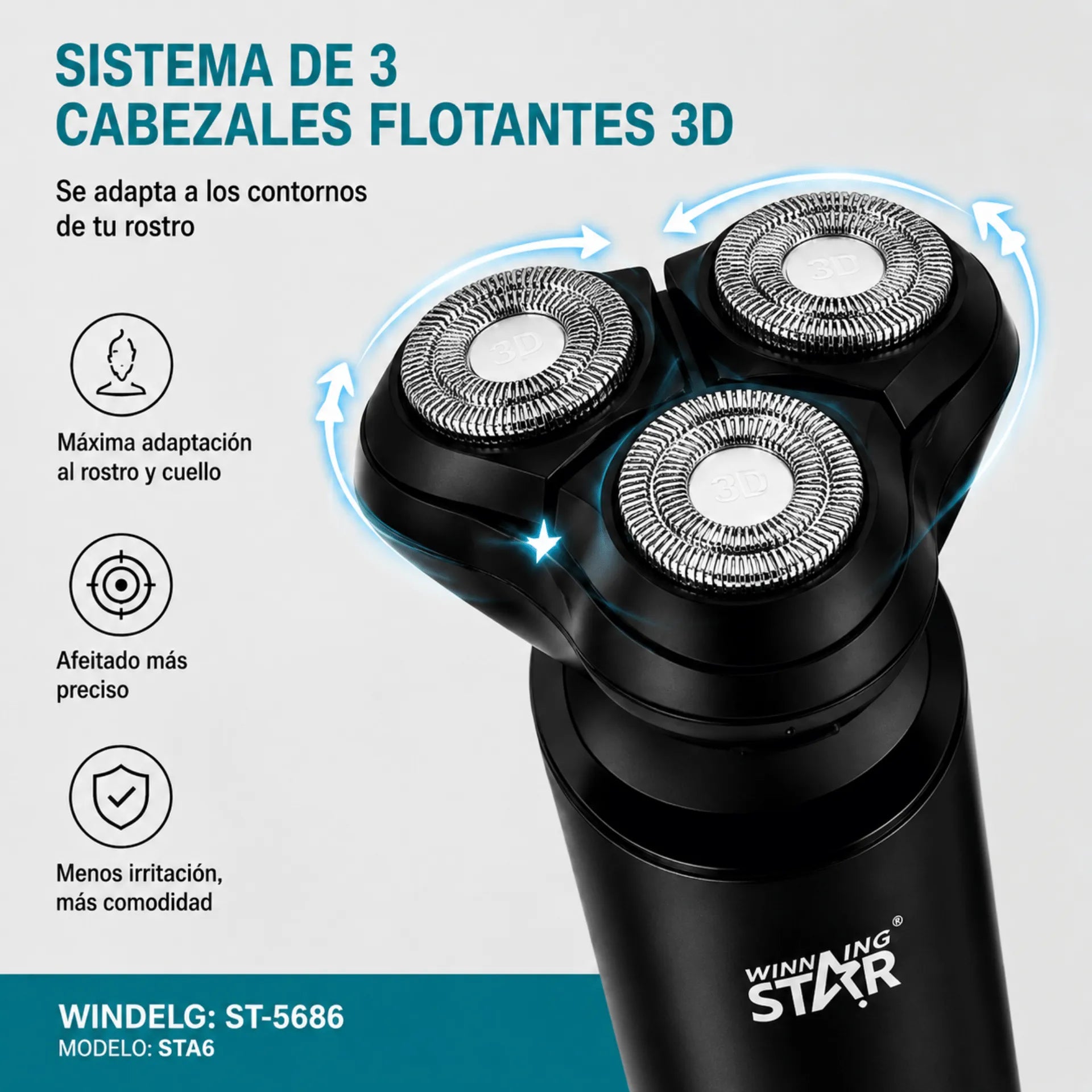 Máquina Afeitadora Winning Star Con 3 Cabezales Flotantes 3D, Motor 8800 RPM y Carga USB ST-5686