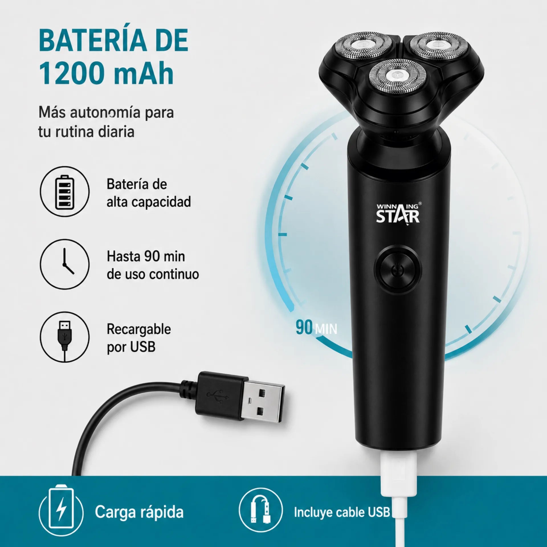 Máquina Afeitadora Winning Star Con 3 Cabezales Flotantes 3D, Motor 8800 RPM y Carga USB ST-5686