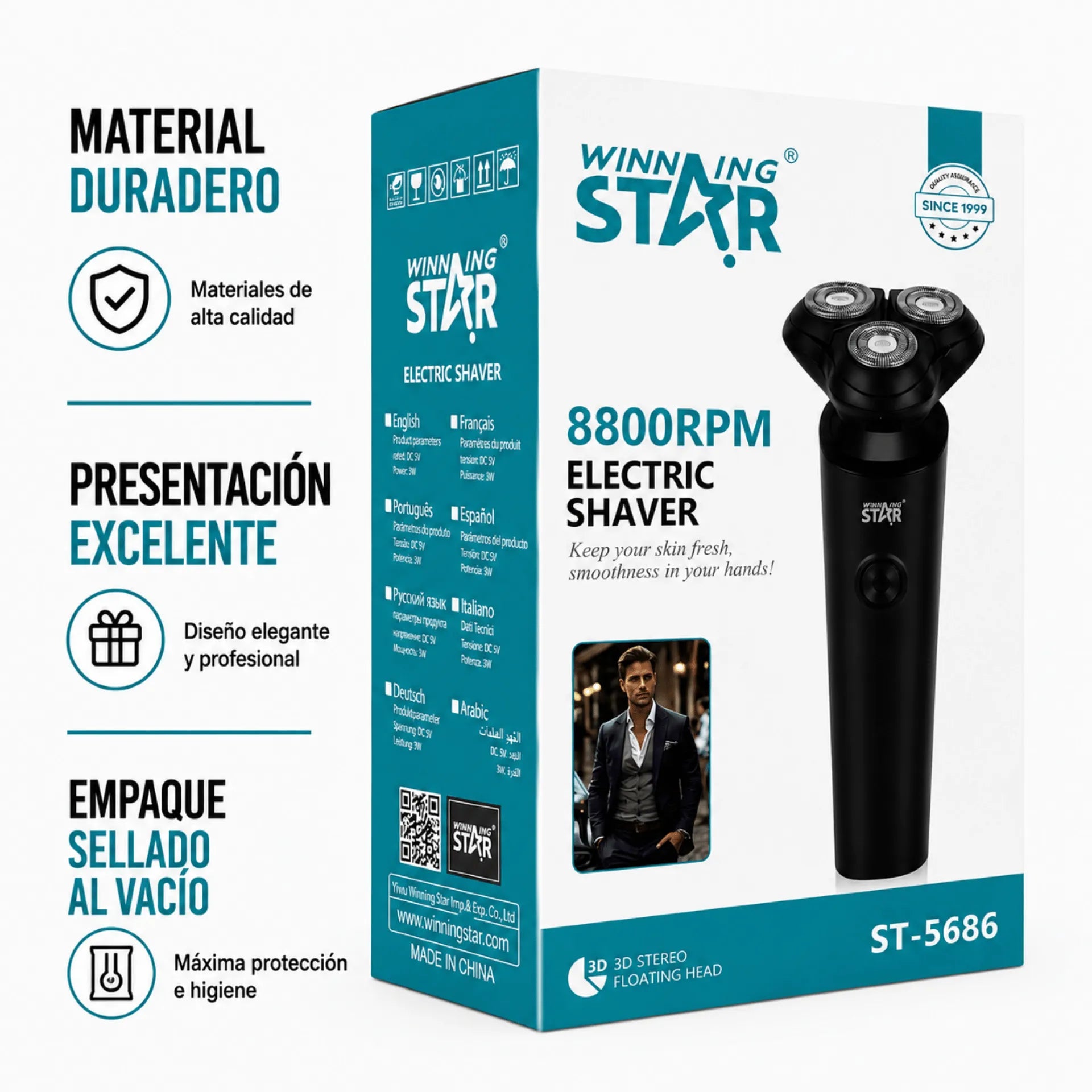 Máquina Afeitadora Winning Star Con 3 Cabezales Flotantes 3D, Motor 8800 RPM y Carga USB ST-5686