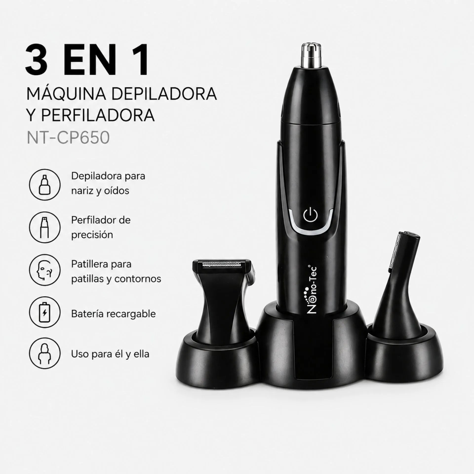 Máquina Depiladora 3 En 1 Nano-Tec Recargable Para Nariz, Patillas Y Perfilado NT-CP650