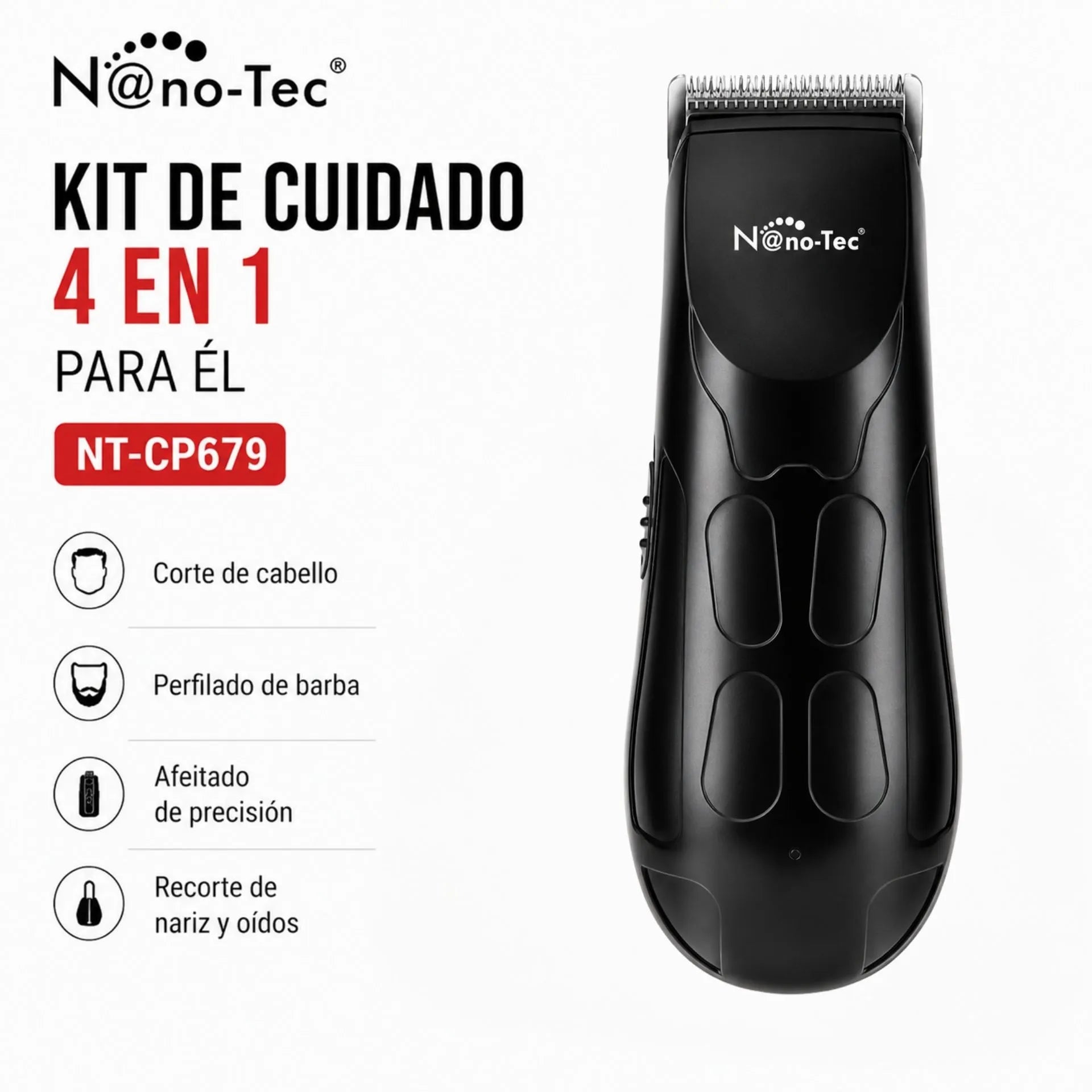 Set Máquina Multifuncional 4 En 1 Con Peines Guía Recargable Nano-Tec NT-CP679
