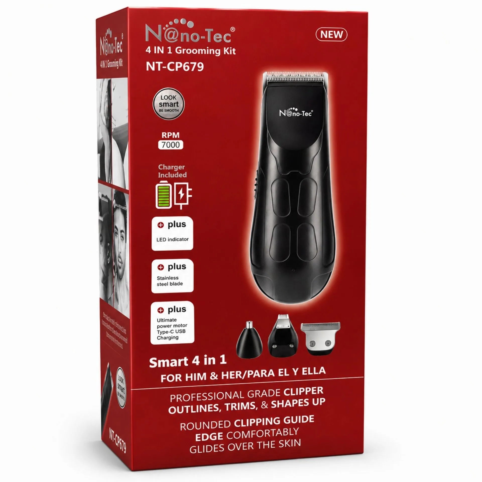Set Máquina Multifuncional 4 En 1 Con Peines Guía Recargable Nano-Tec NT-CP679