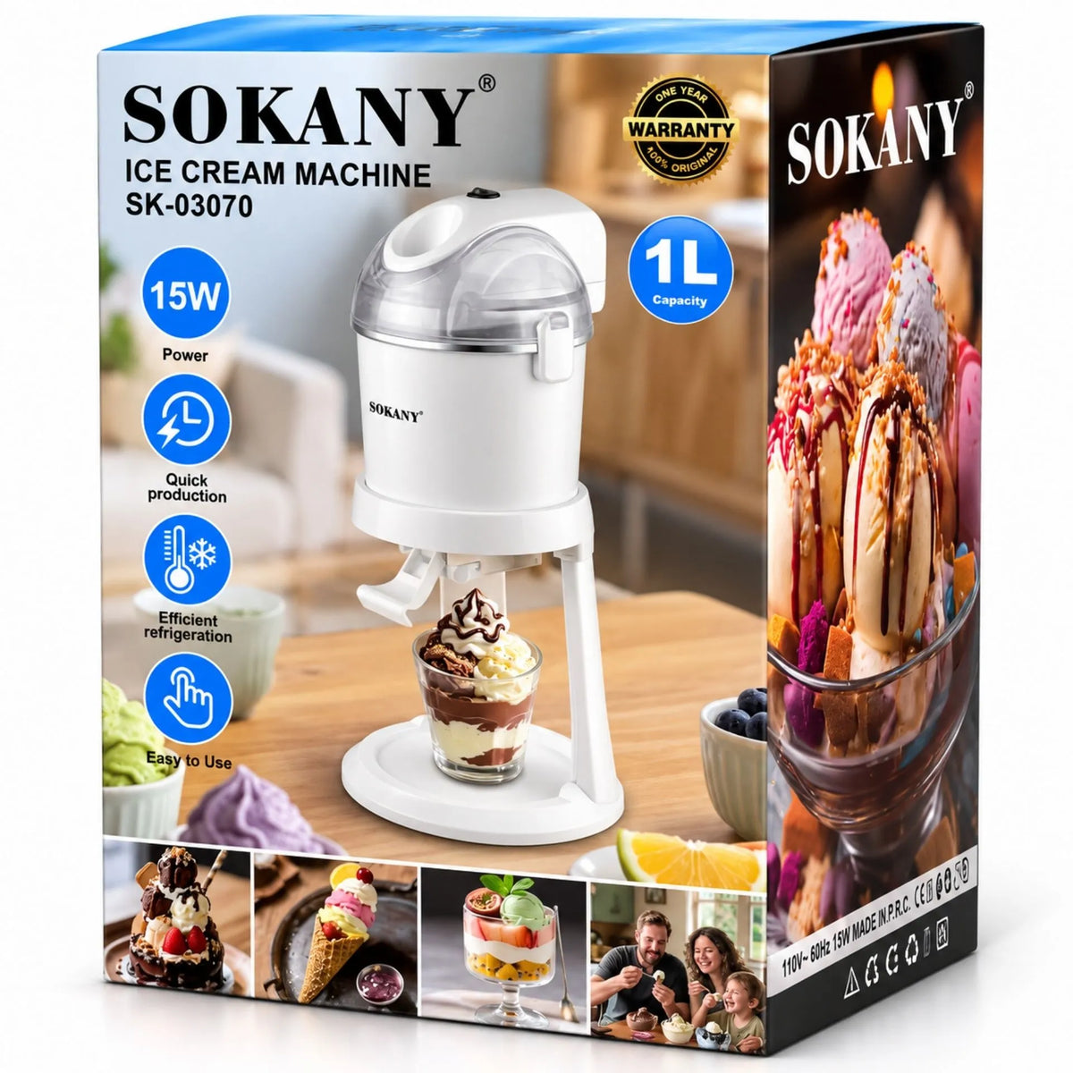 Máquina Para Hacer Helados Capacidad 1 Litro De Producción Rápida 15W Sokany SK-03070
