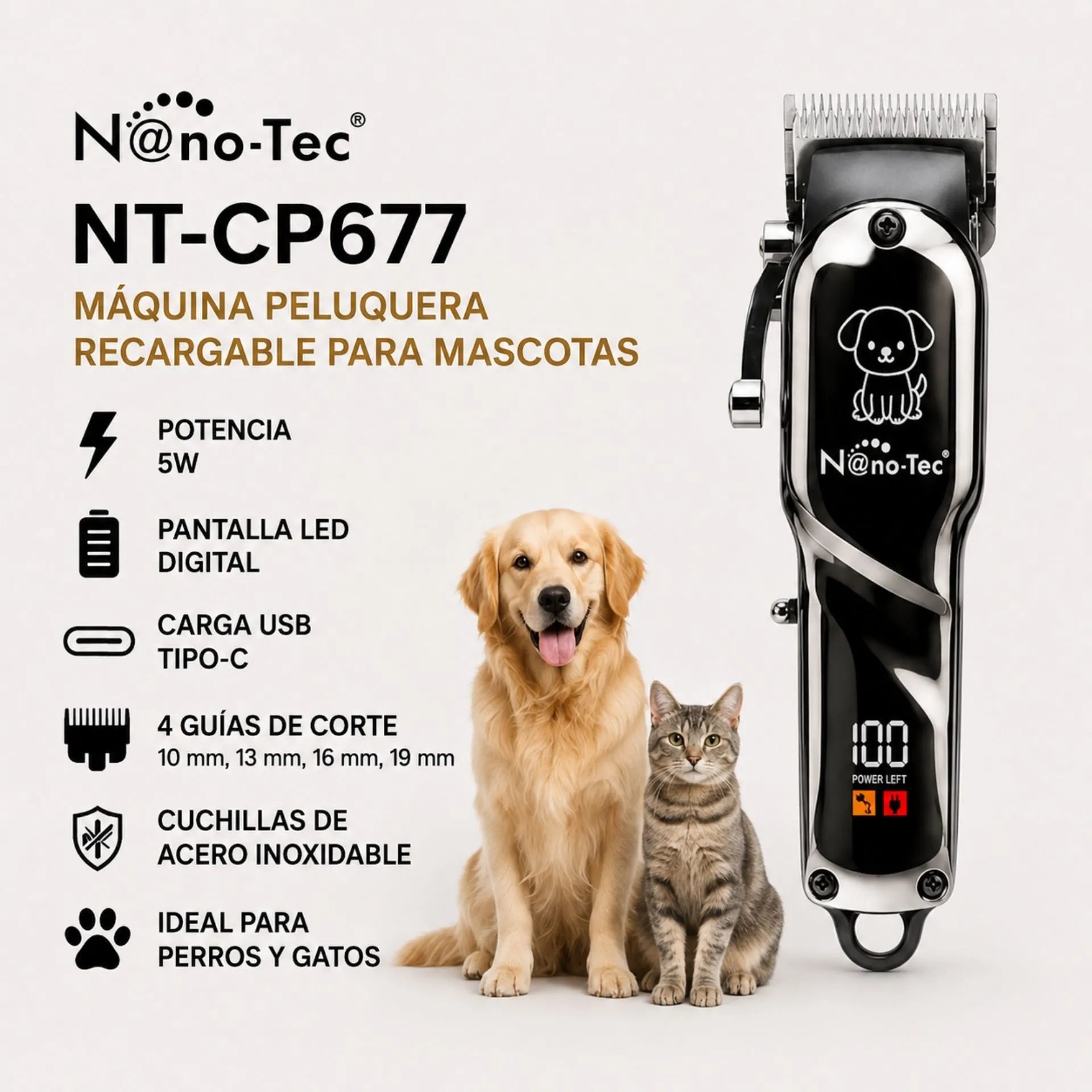 Máquina Peluquera Recargable Para Mascotas Nano-Tec Pantalla Digital Y Guías De Corte NT-CP677