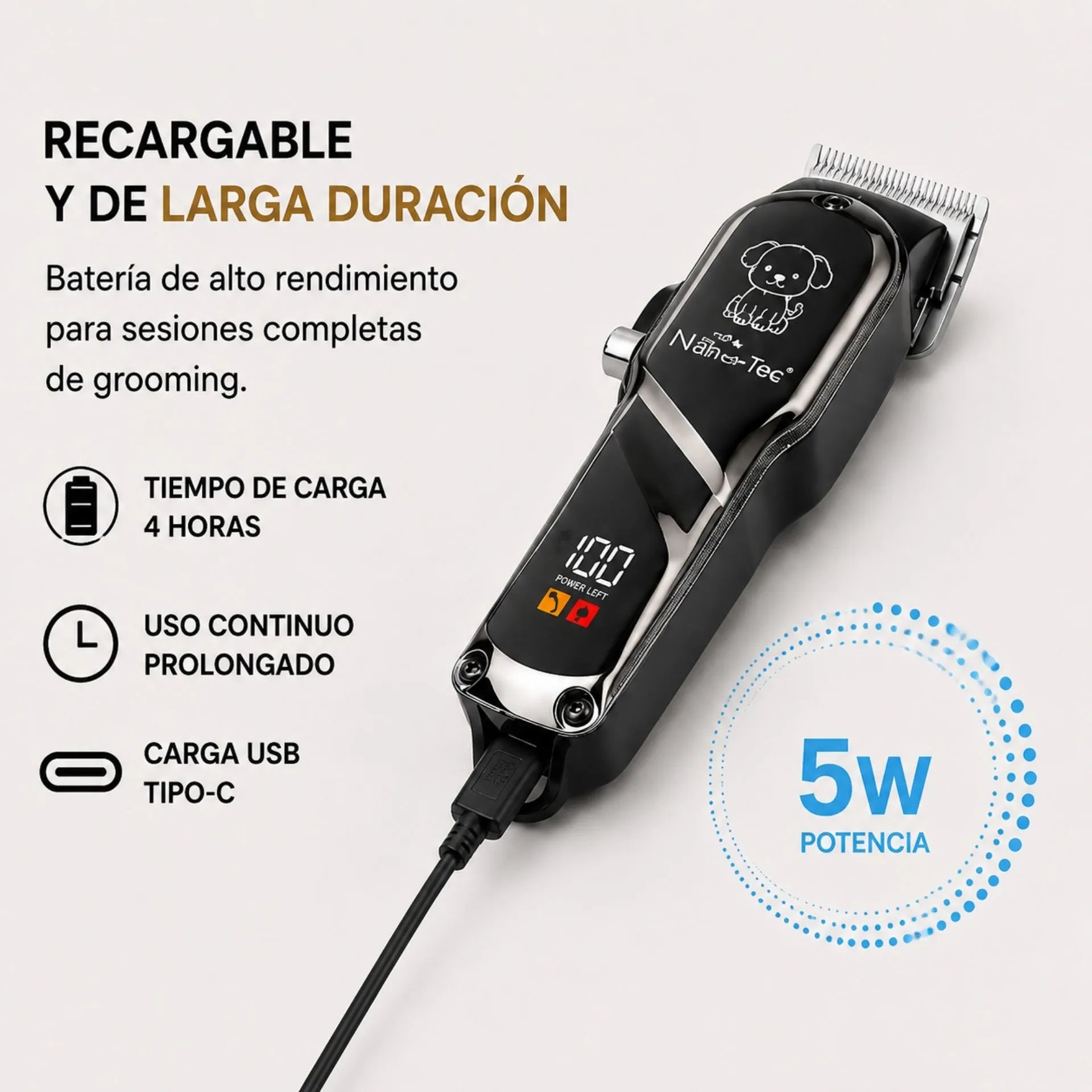 Máquina Peluquera Recargable Para Mascotas Nano-Tec Pantalla Digital Y Guías De Corte NT-CP677