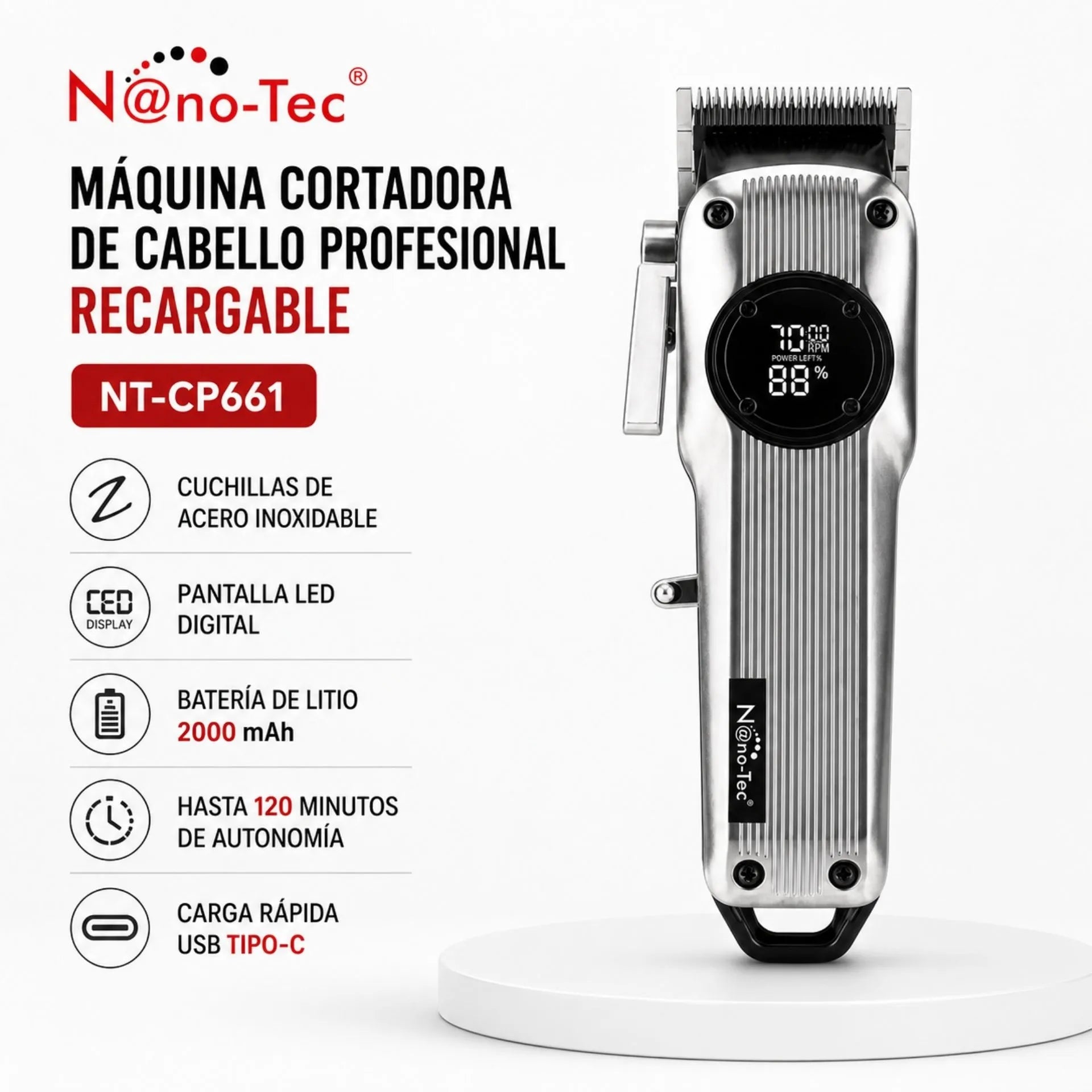Máquina Cortadora De Cabello Profesional Recargable Pantalla LED Nano-Tec NT-CP661