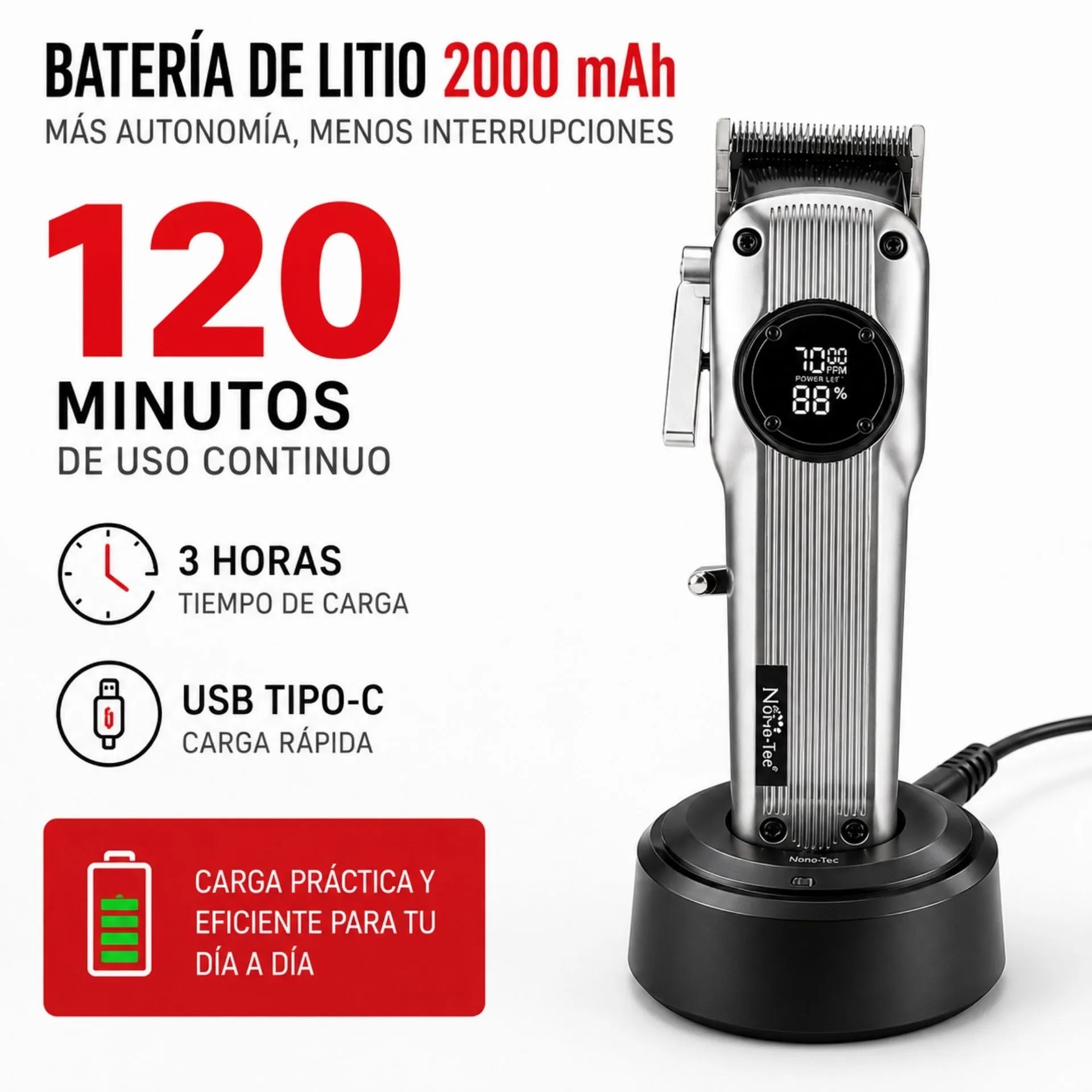 Máquina Cortadora De Cabello Profesional Recargable Pantalla LED Nano-Tec NT-CP661