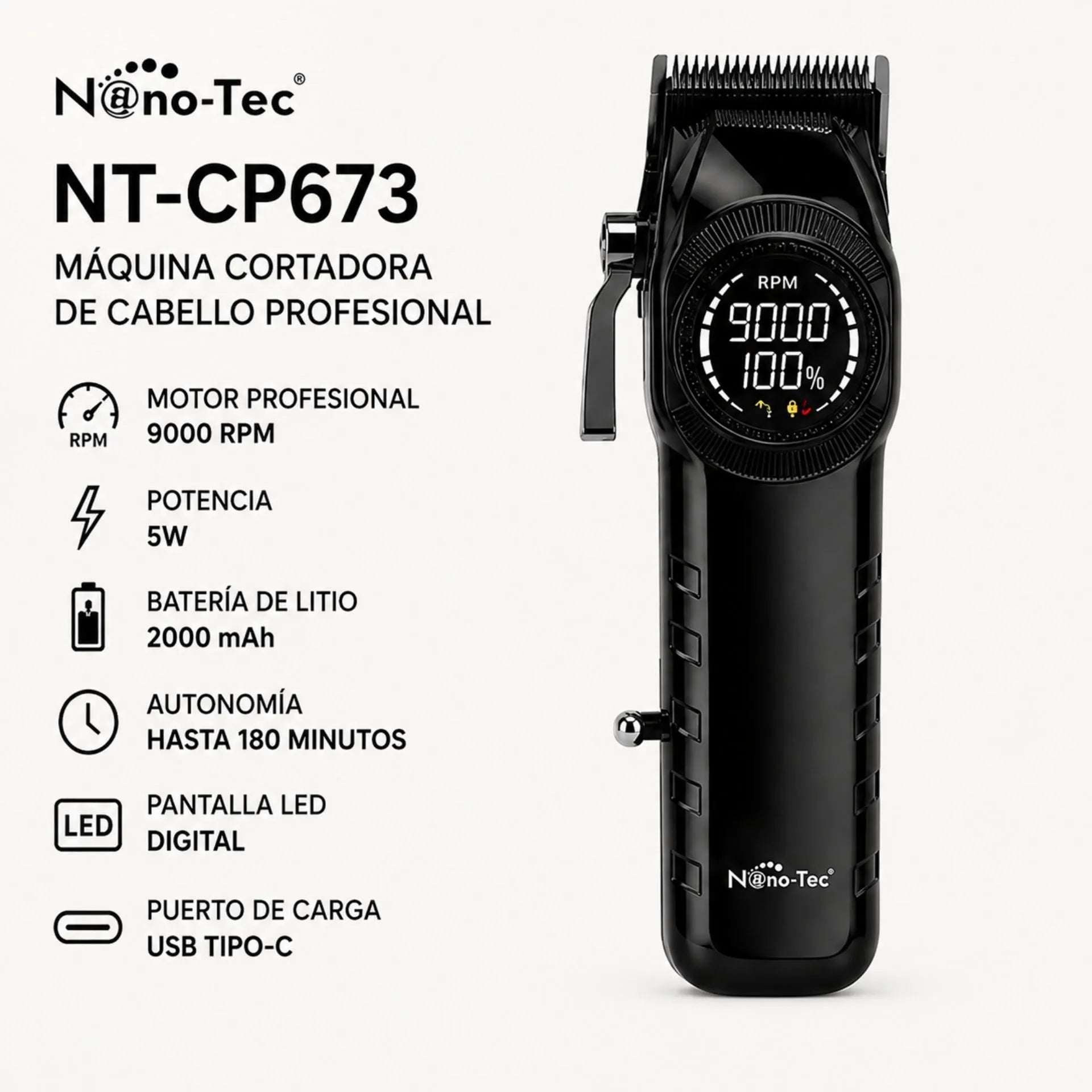 Máquina Cortadora De Cabello Profesional 9000 RPM Nano-Tec NT-CP673