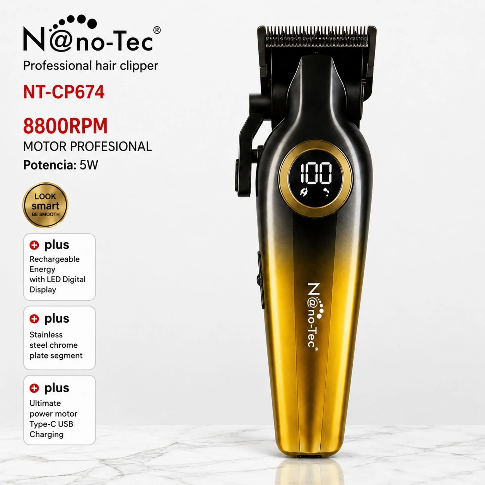 Máquina Cortadora De Cabello Profesional Pantalla Led 8800 RPM Nano-Tec NT-CP674