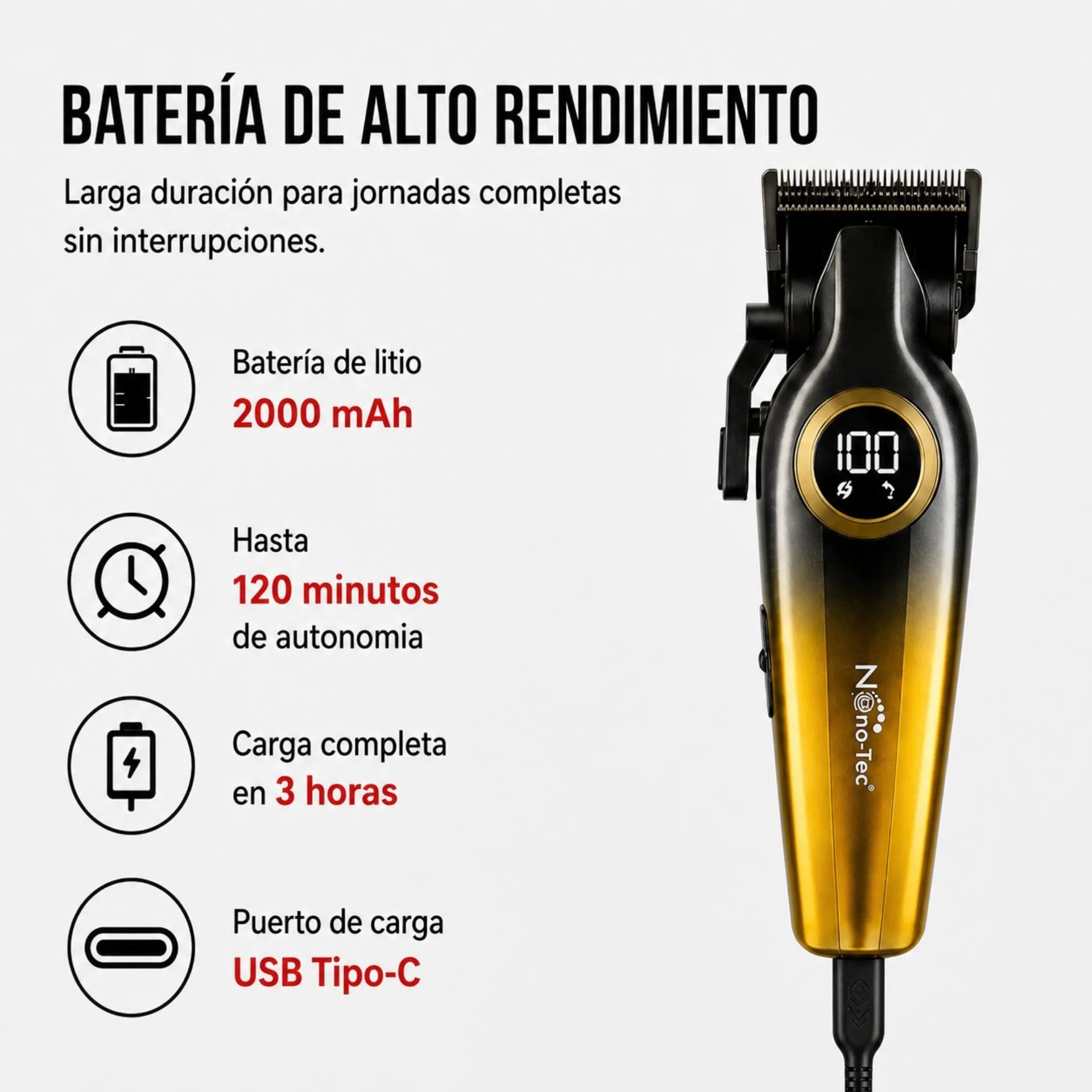 Máquina Cortadora De Cabello Profesional Pantalla Led 8800 RPM Nano-Tec NT-CP674