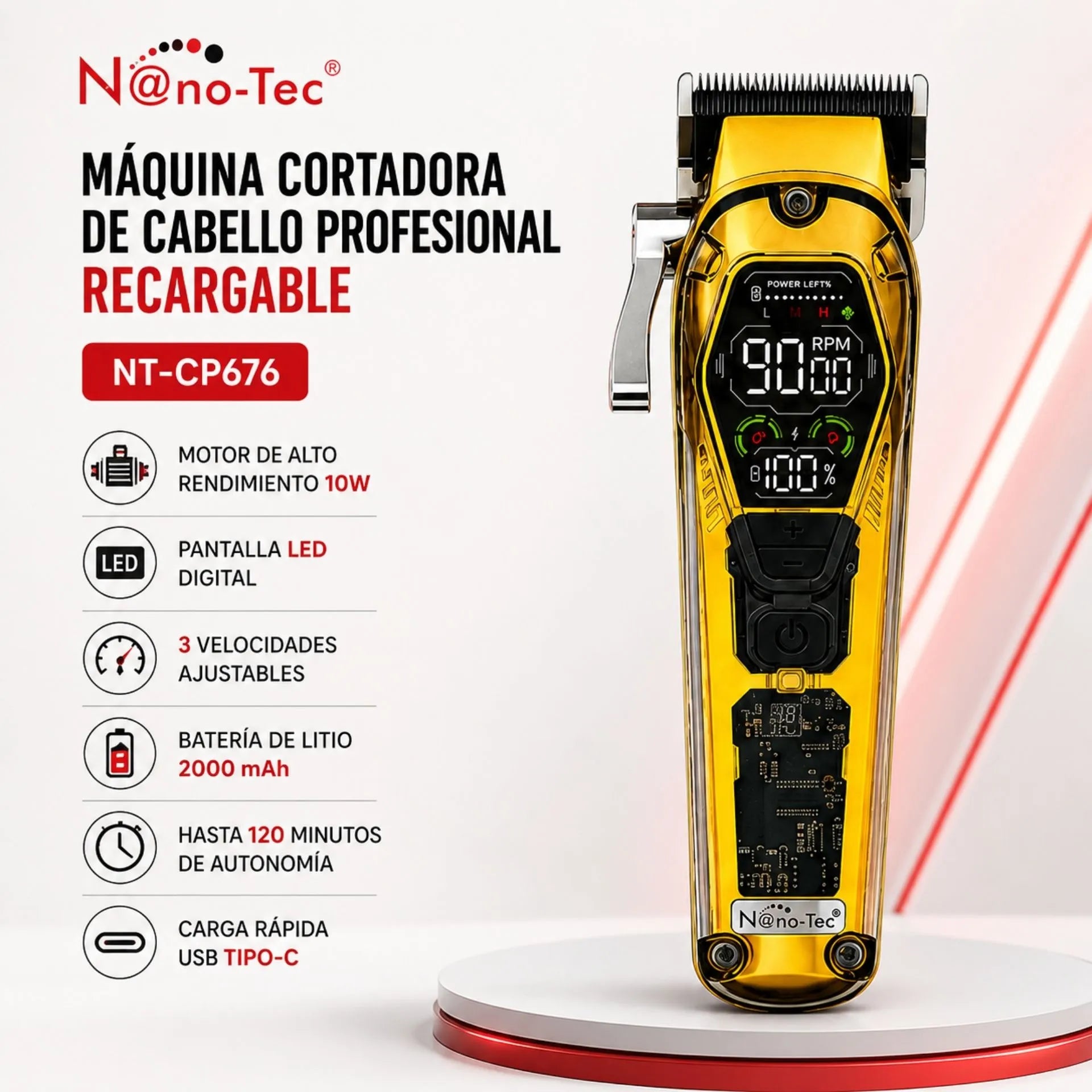 Máquina Peluquera De Cabello Profesional Recargable Pantalla LED 10W Y 8 Peines Guía Nano-Tec NT-CP676