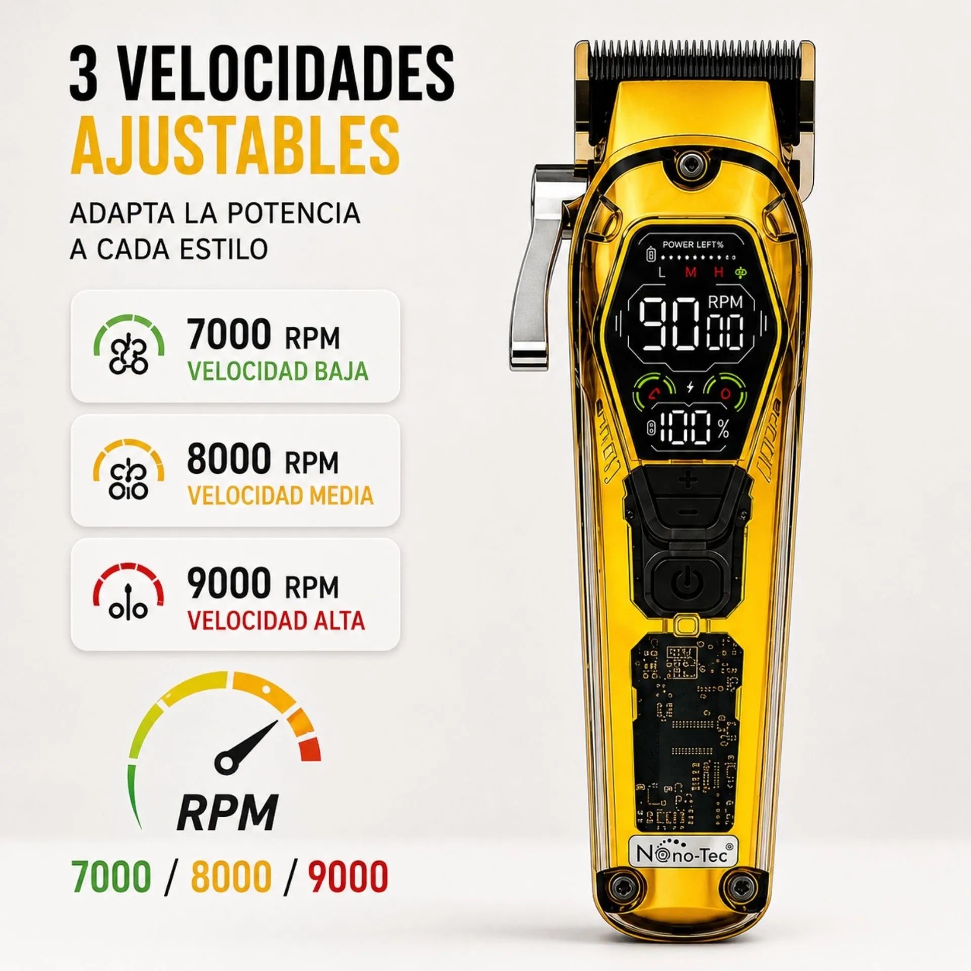 Máquina Peluquera De Cabello Profesional Recargable Pantalla LED 10W Y 8 Peines Guía Nano-Tec NT-CP676