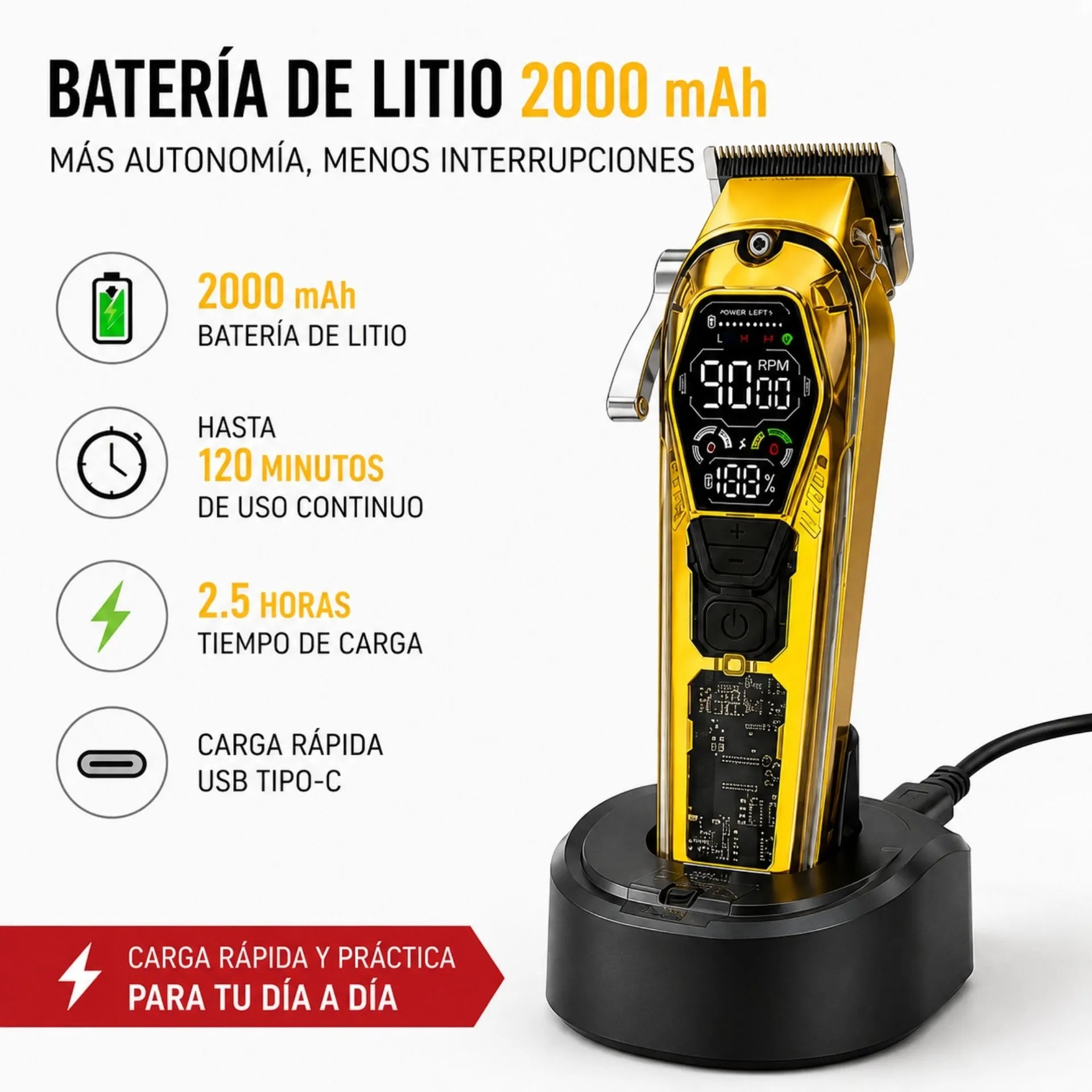 Máquina Peluquera De Cabello Profesional Recargable Pantalla LED 10W Y 8 Peines Guía Nano-Tec NT-CP676