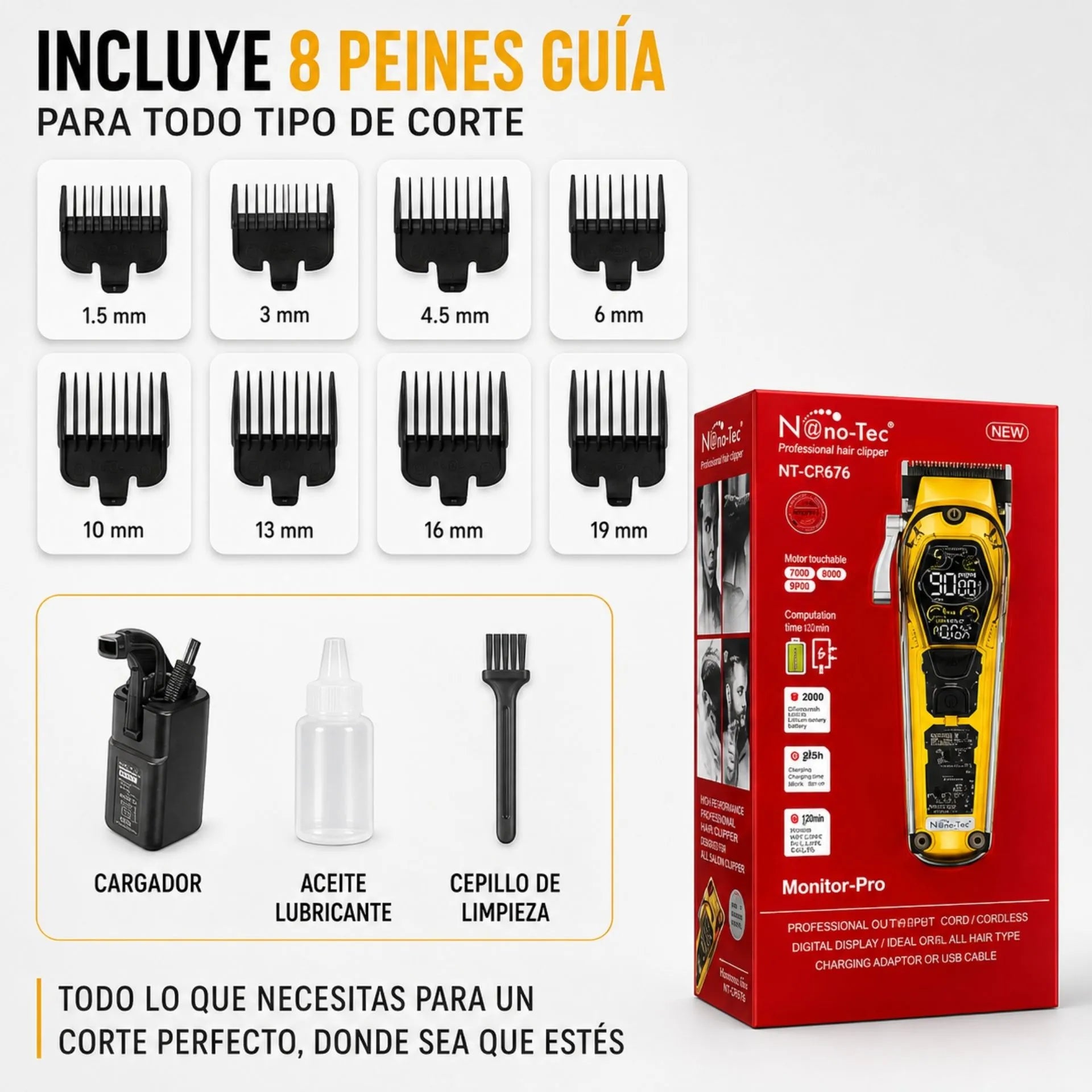 Máquina Peluquera De Cabello Profesional Recargable Pantalla LED 10W Y 8 Peines Guía Nano-Tec NT-CP676
