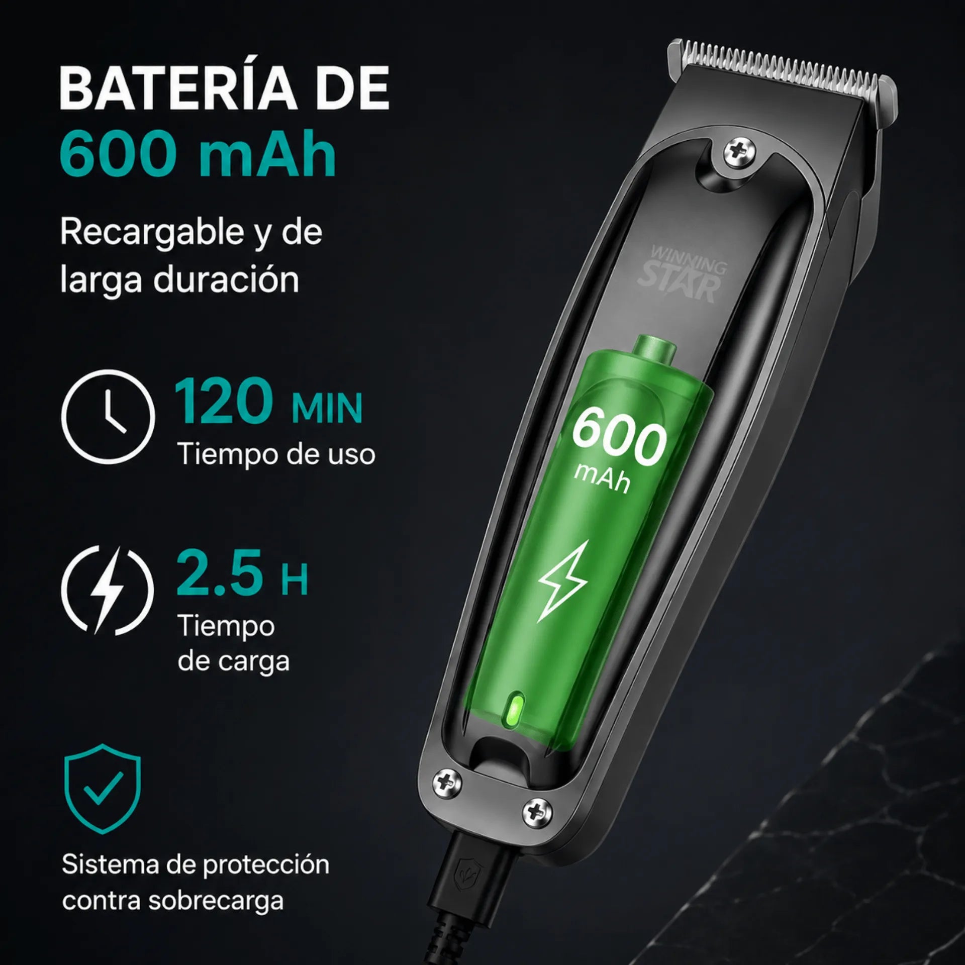Máquina Peluquera Recargable Winning Star Con Motor 7000 RPM y 3 Peines Guía ST-5637