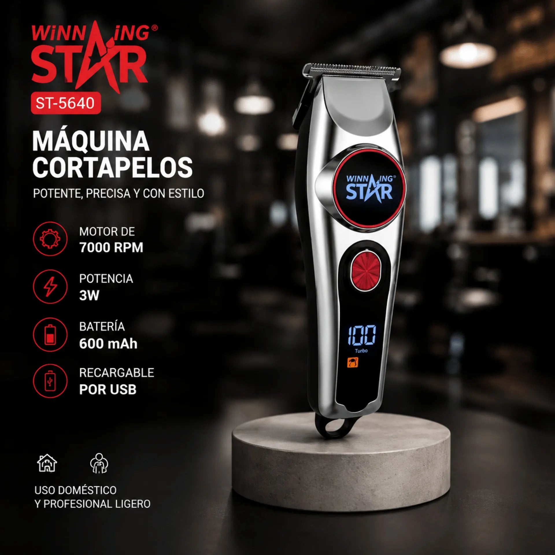 Máquina Peluquera Winning Star Con Pantalla LED, Motor 7000 RPM y Carga USB ST-5640