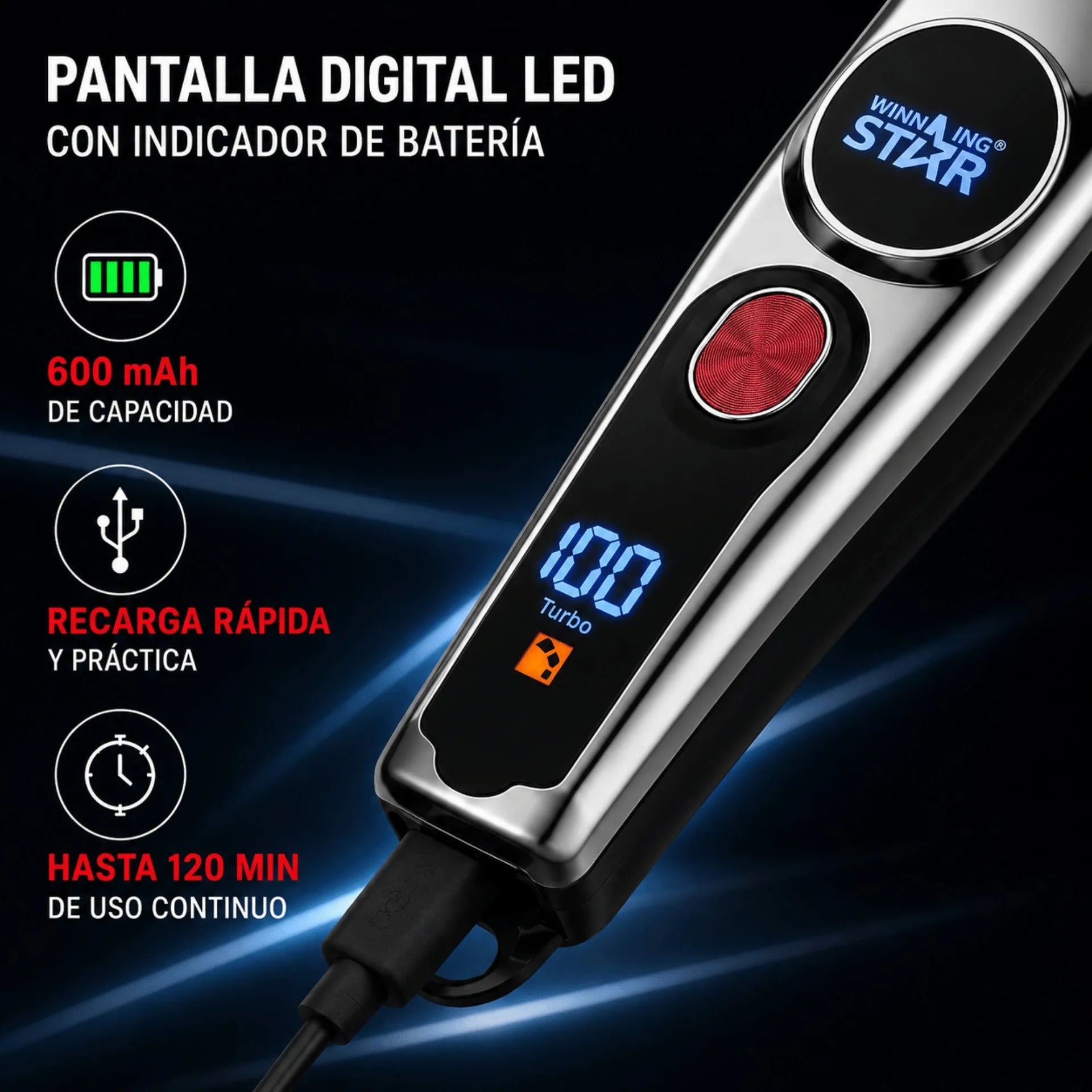 Máquina Peluquera Winning Star Con Pantalla LED, Motor 7000 RPM y Carga USB ST-5640