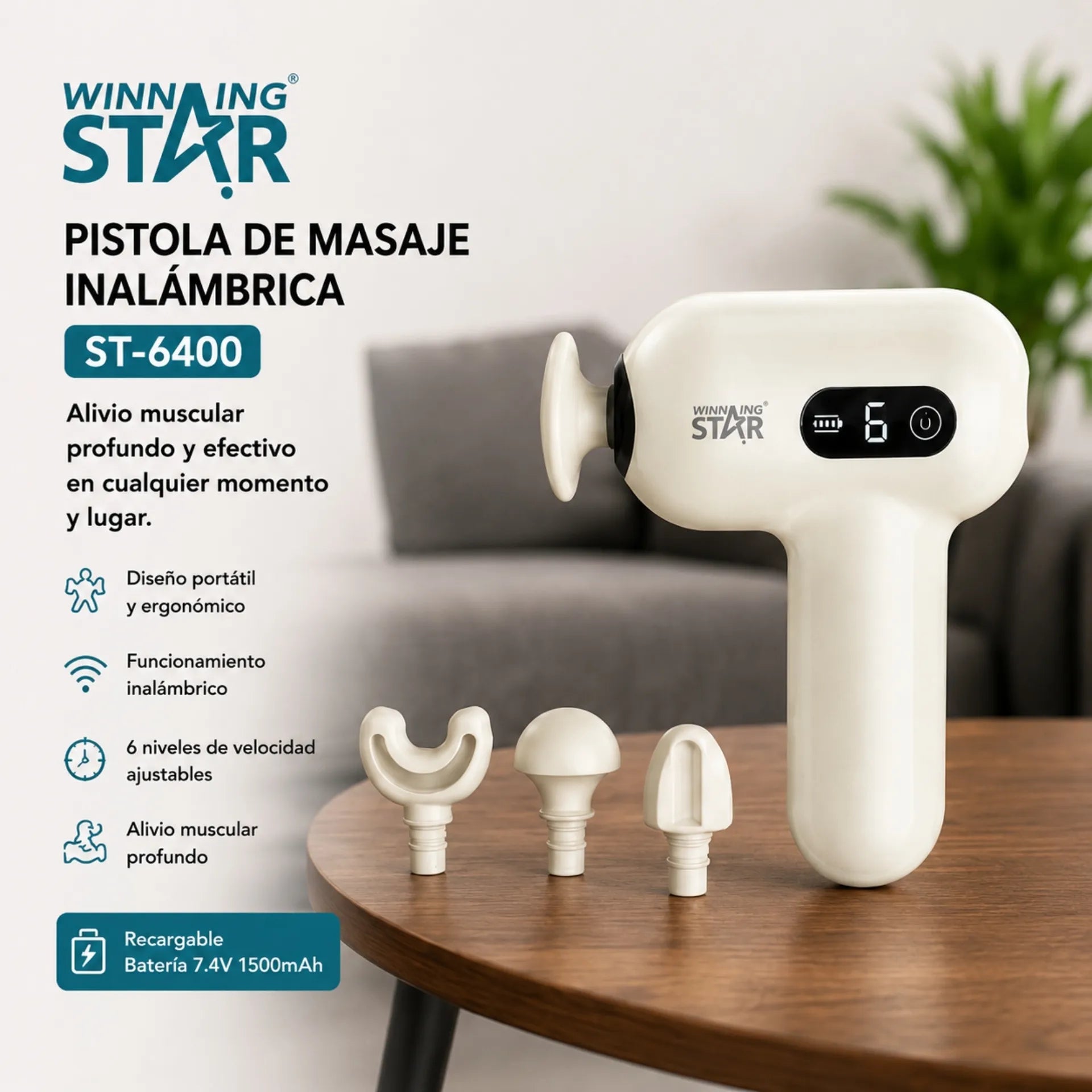 Pistola De Masajes Inalámbrica Winning Star Con Pantalla LED Y 6 Velocidades ST-6400
