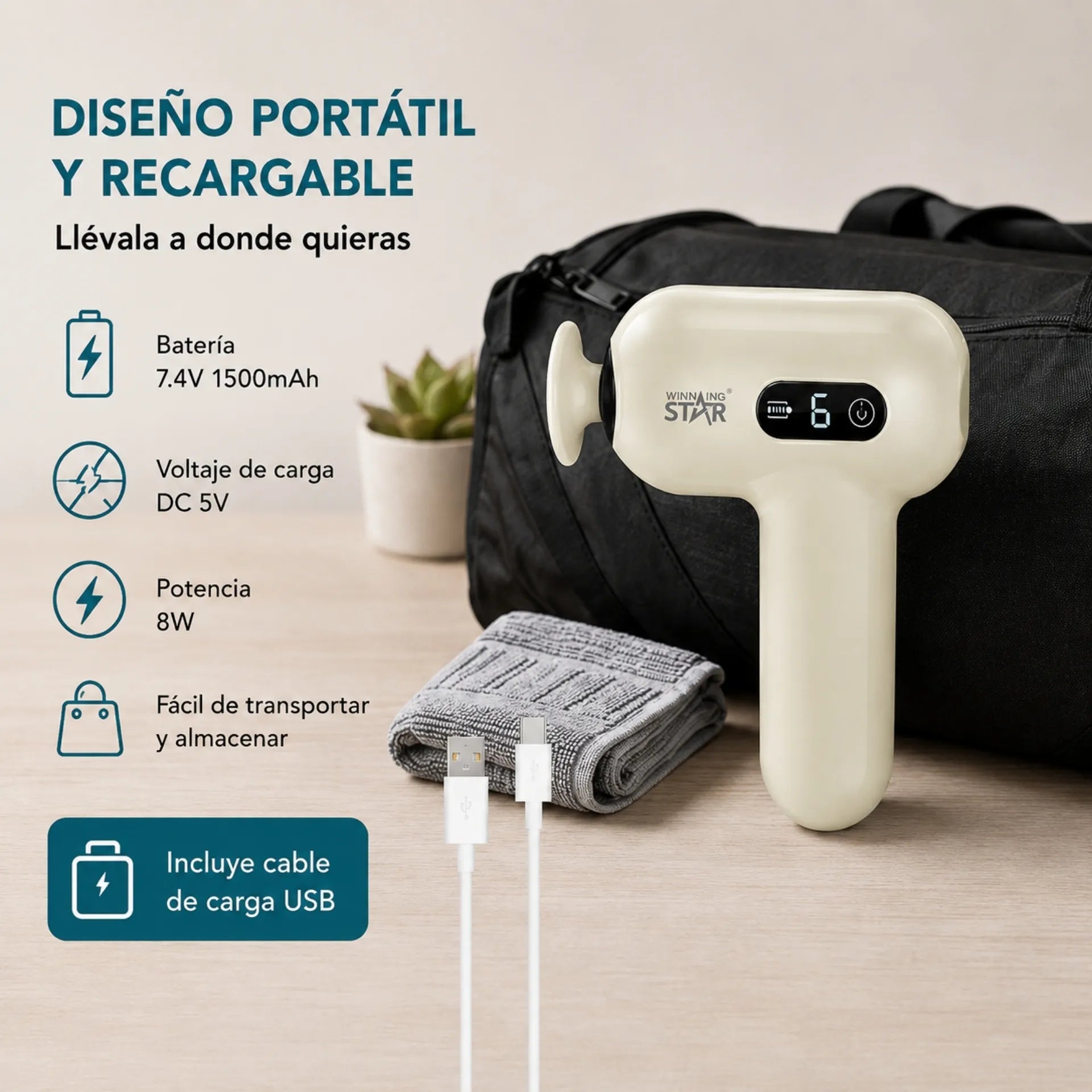 Pistola De Masajes Inalámbrica Winning Star Con Pantalla LED Y 6 Velocidades ST-6400