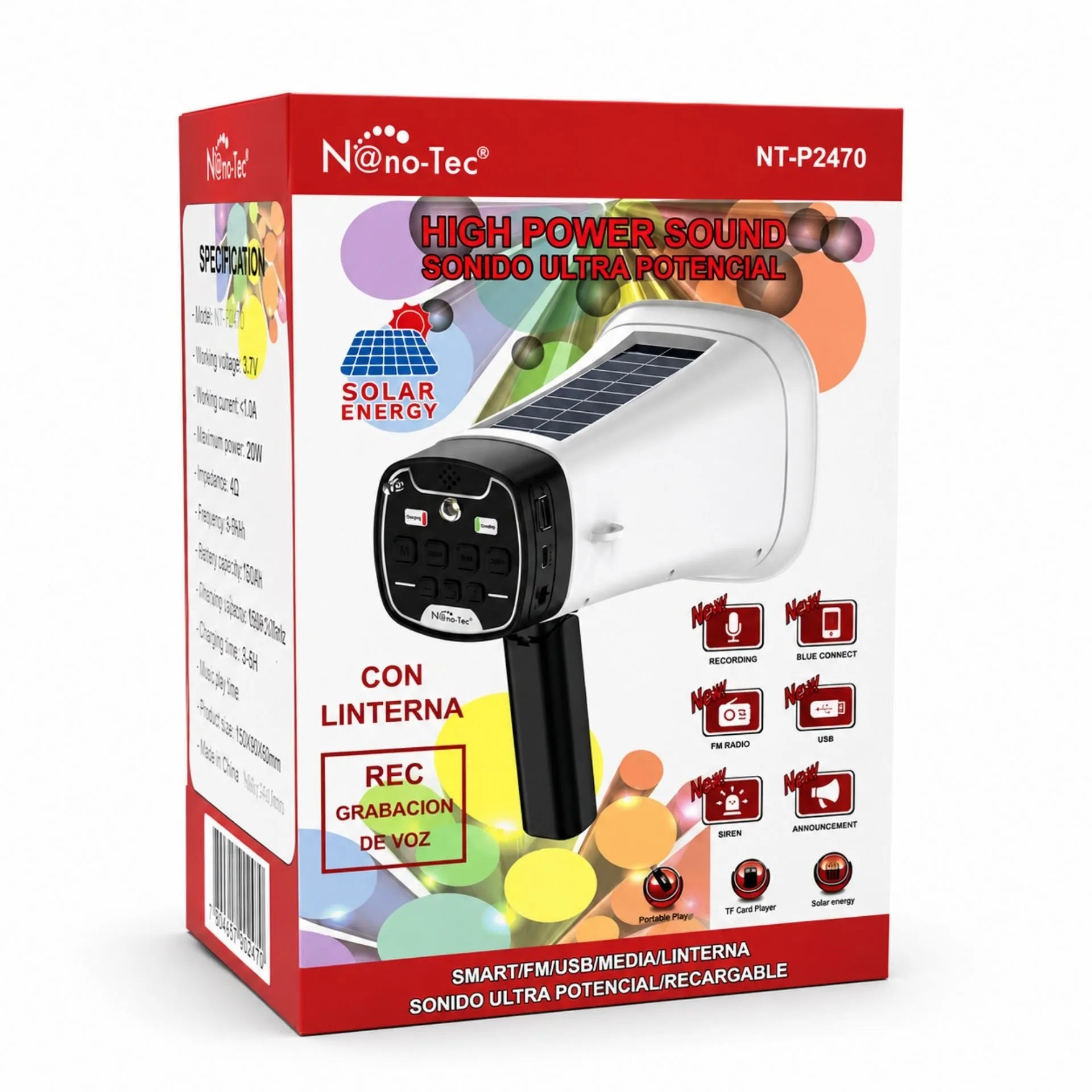 Megáfono Recargable Nano-Tec 80W Con Bluetooth, Panel Solar Y Grabación De Voz NT-P2470