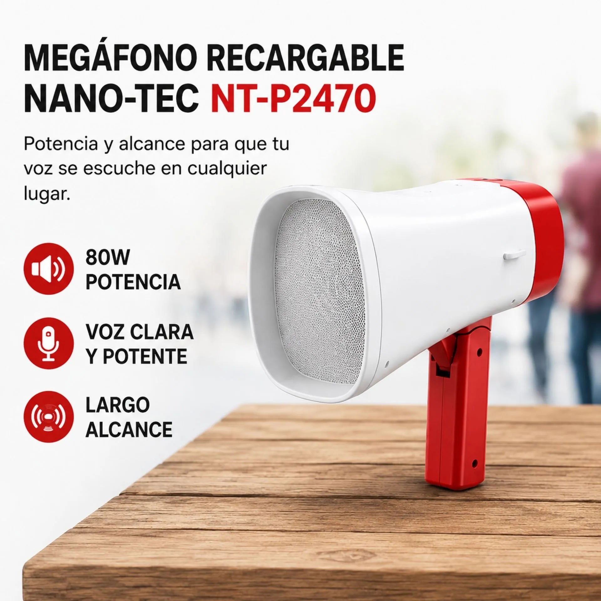 Megáfono Recargable Nano-Tec 80W Con Bluetooth, Panel Solar Y Grabación De Voz NT-P2470