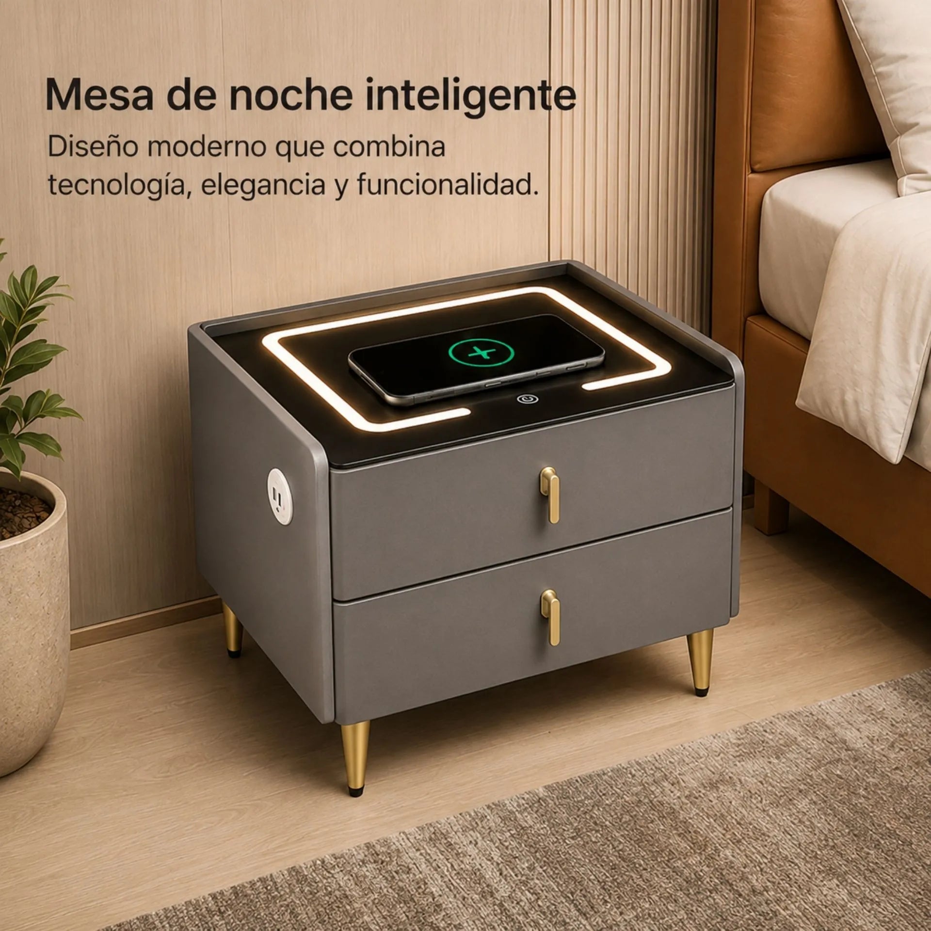 Mesa De Noche Inteligente Con Carga Inalámbrica, Luz LED Y Puertos USB AE0525