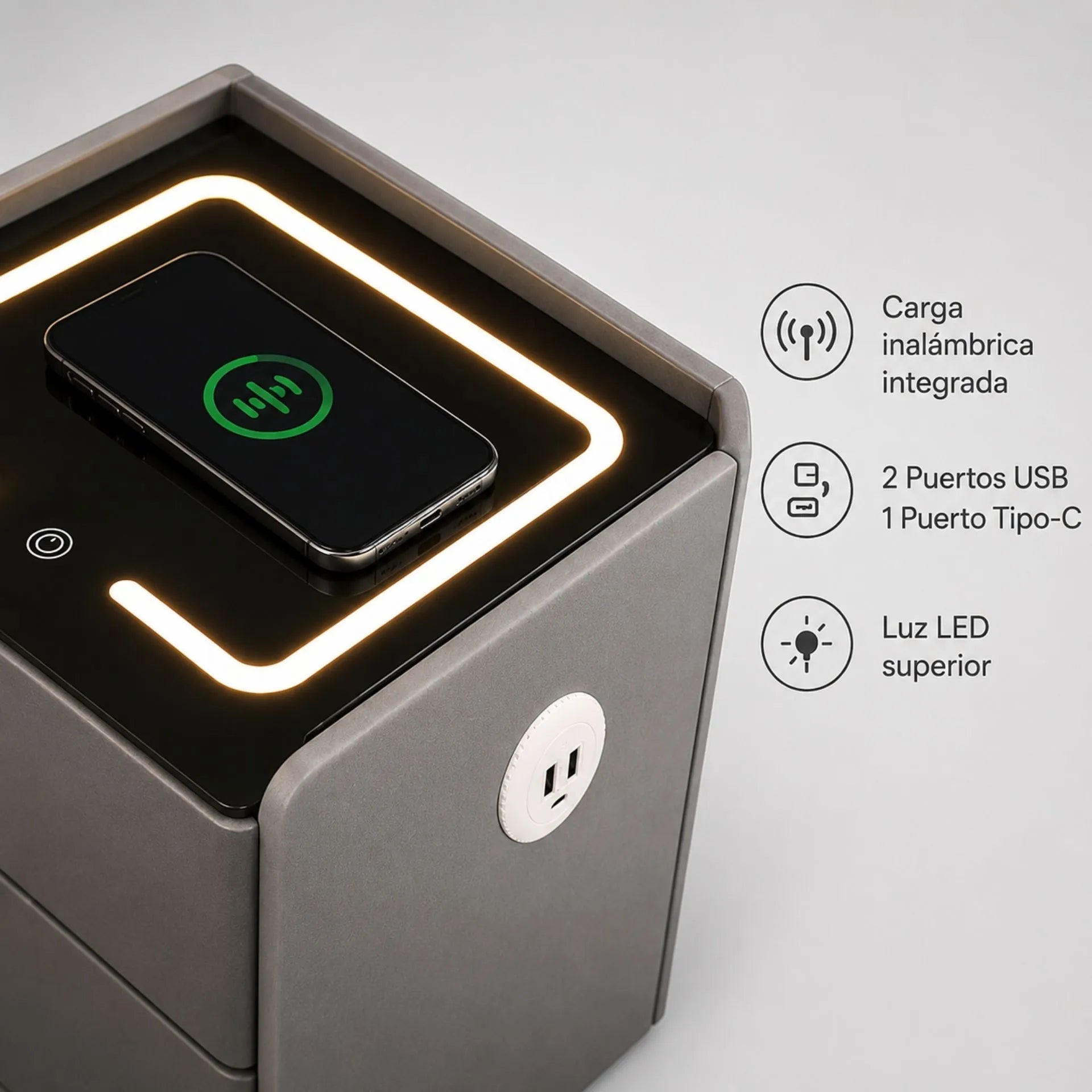 Mesa De Noche Inteligente Con Carga Inalámbrica, Luz LED Y Puertos USB AE0525