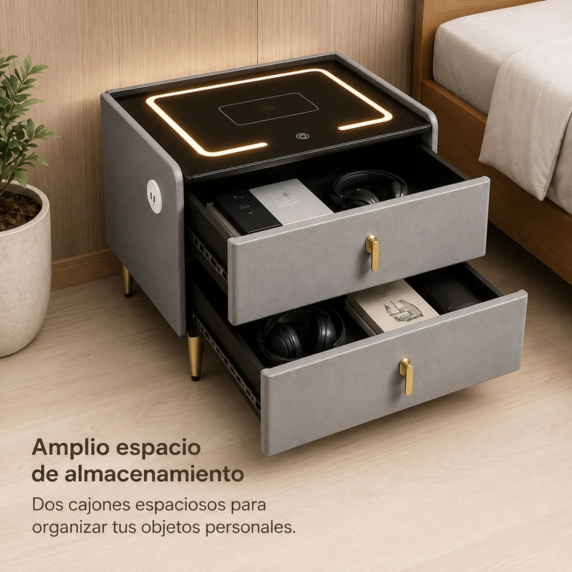 Mesa De Noche Inteligente Con Carga Inalámbrica, Luz LED Y Puertos USB AE0525