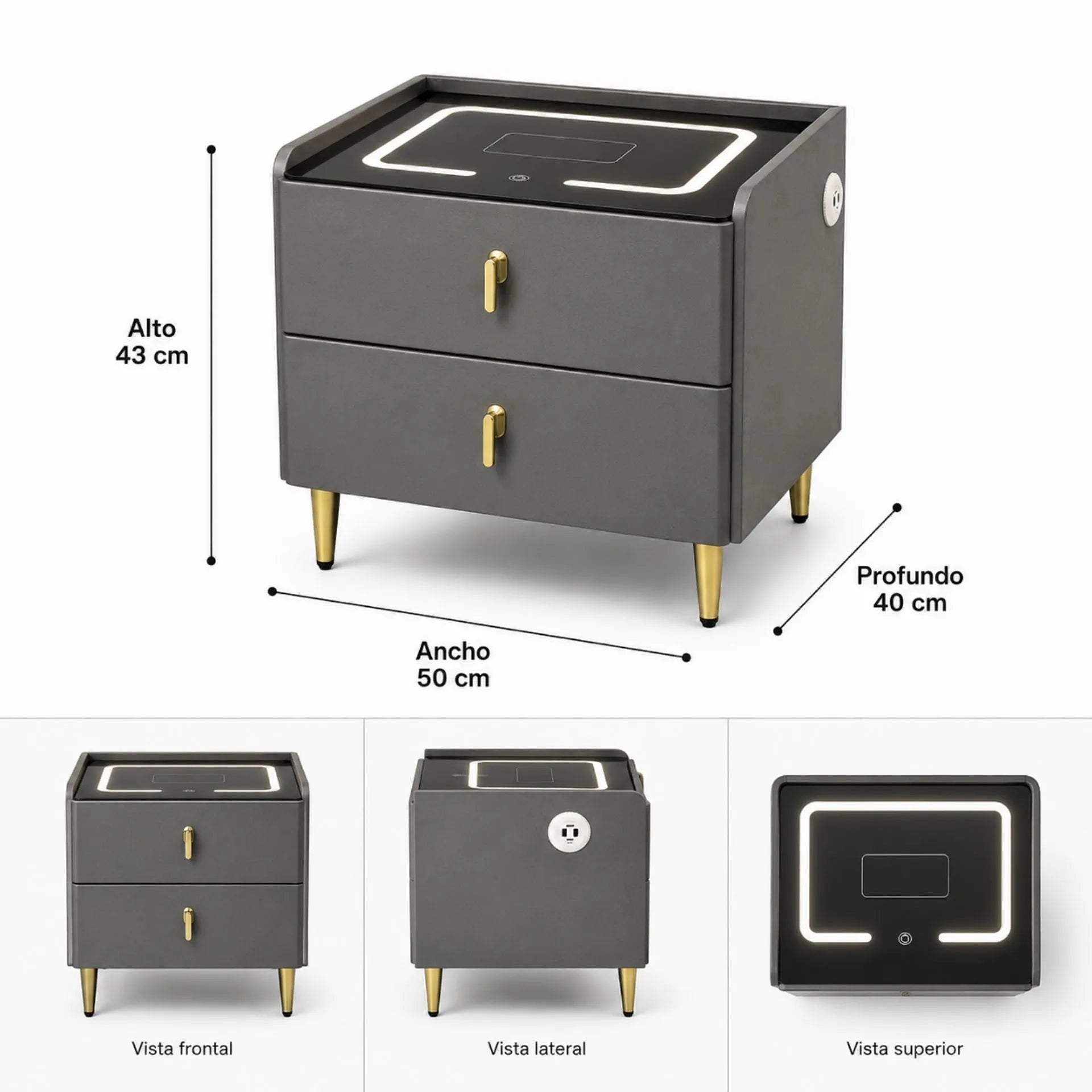 Mesa De Noche Inteligente Con Carga Inalámbrica, Luz LED Y Puertos USB AE0525