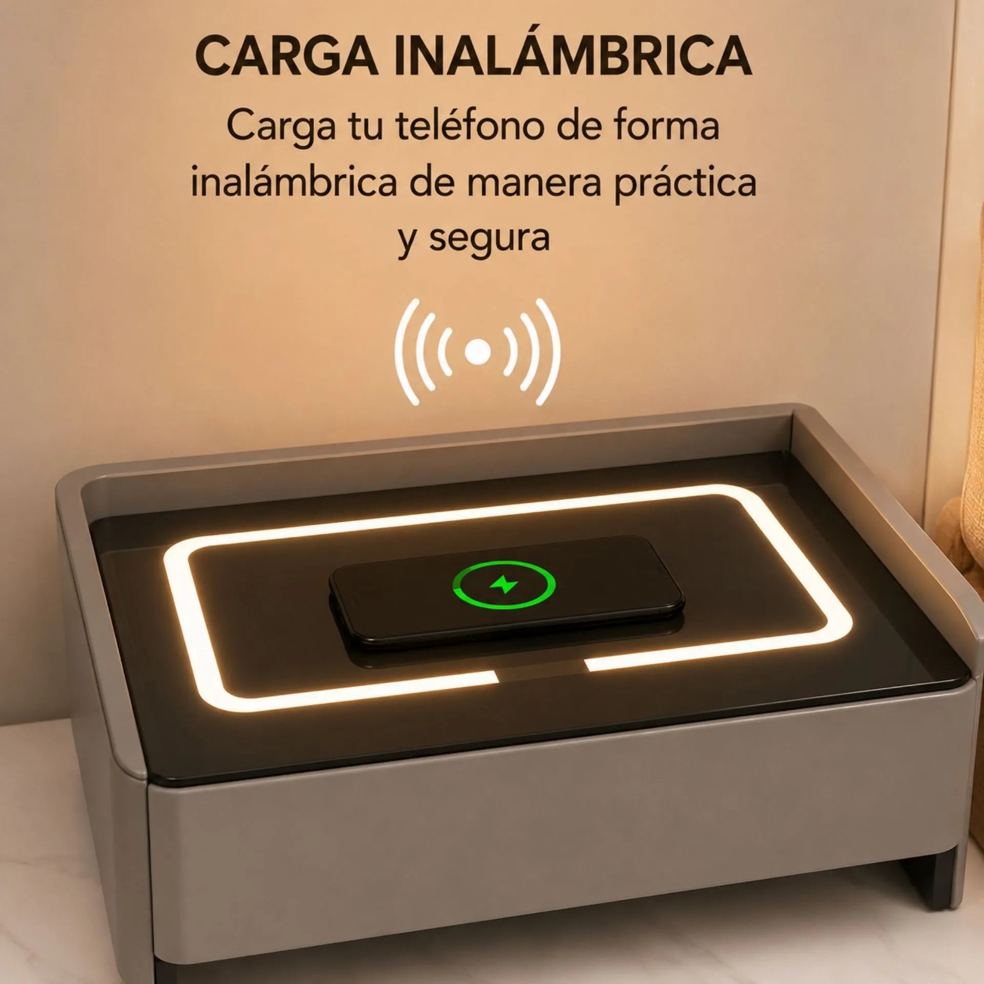 Mesa De Noche Inteligente Carga Inalámbrica Bocinas Luz LED Y Cerradura Digital AE0528