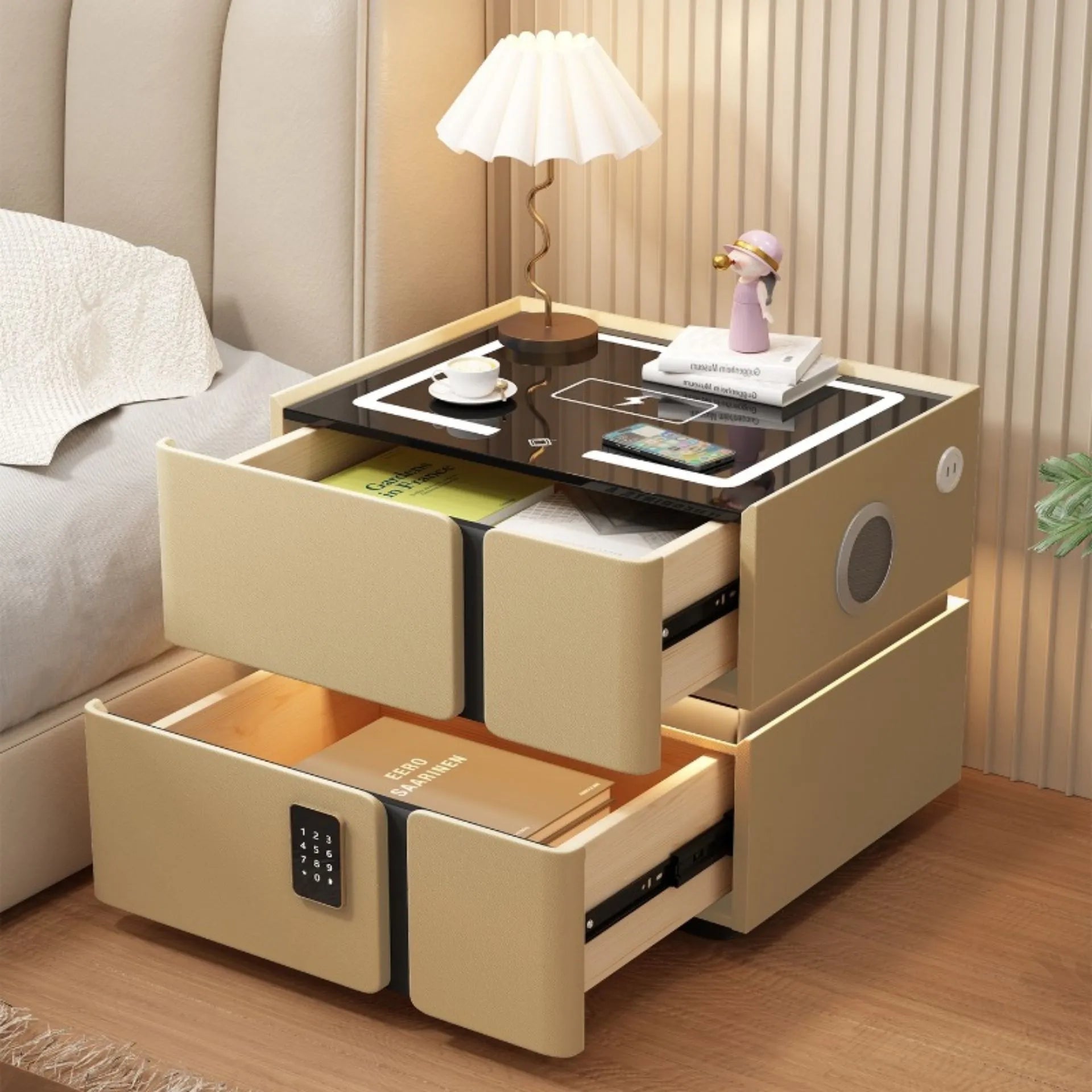 Mesa De Noche Inteligente Carga Inalámbrica Bocinas Luz LED Y Cerradura Digital AE0528
