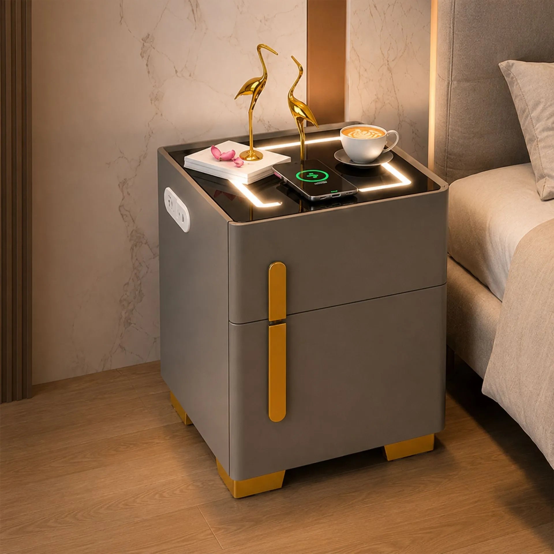 Mesa De Noche Inteligente Con Carga Inalámbrica, Luz LED Y Puertos USB AE0526