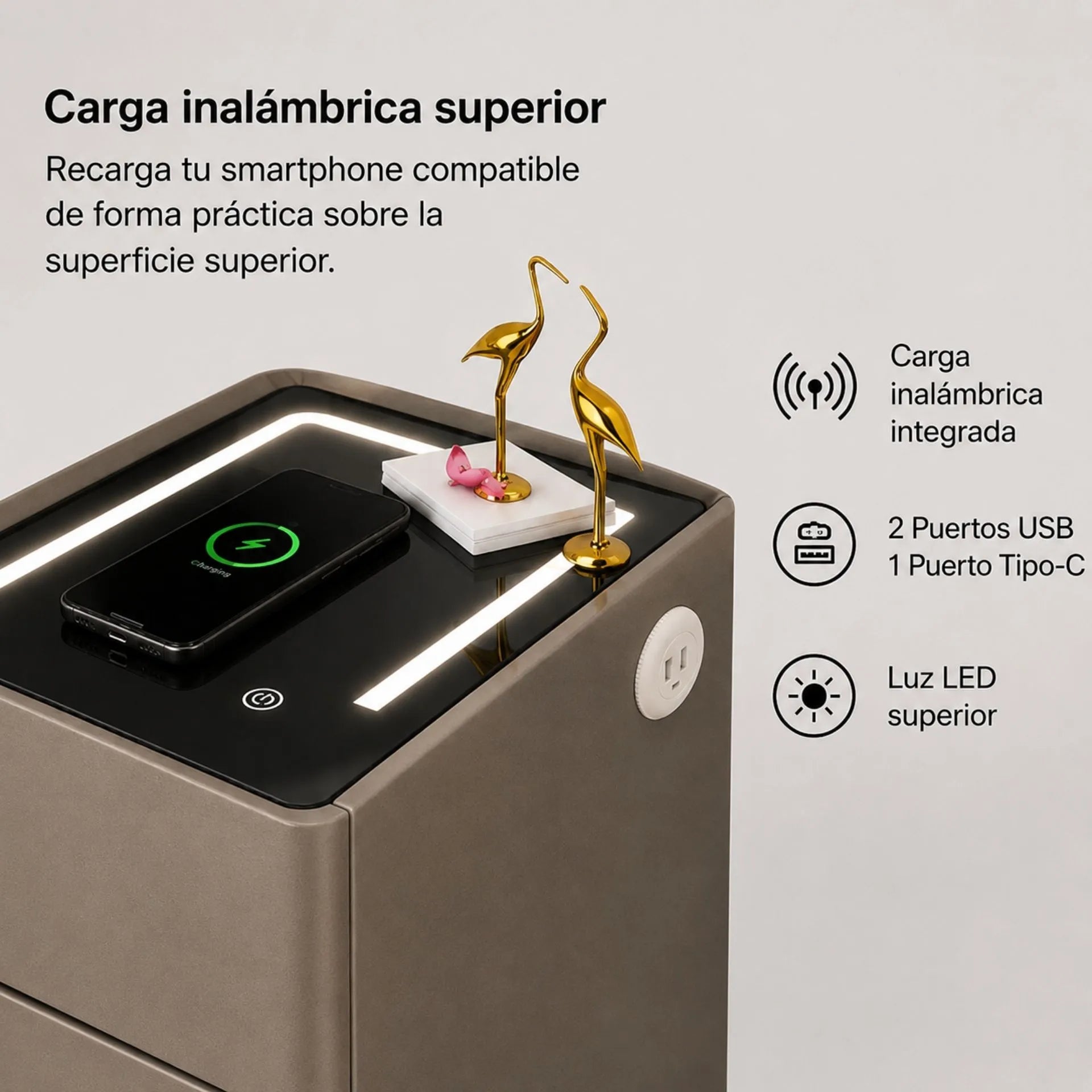 Mesa De Noche Inteligente Con Carga Inalámbrica, Luz LED Y Puertos USB AE0526