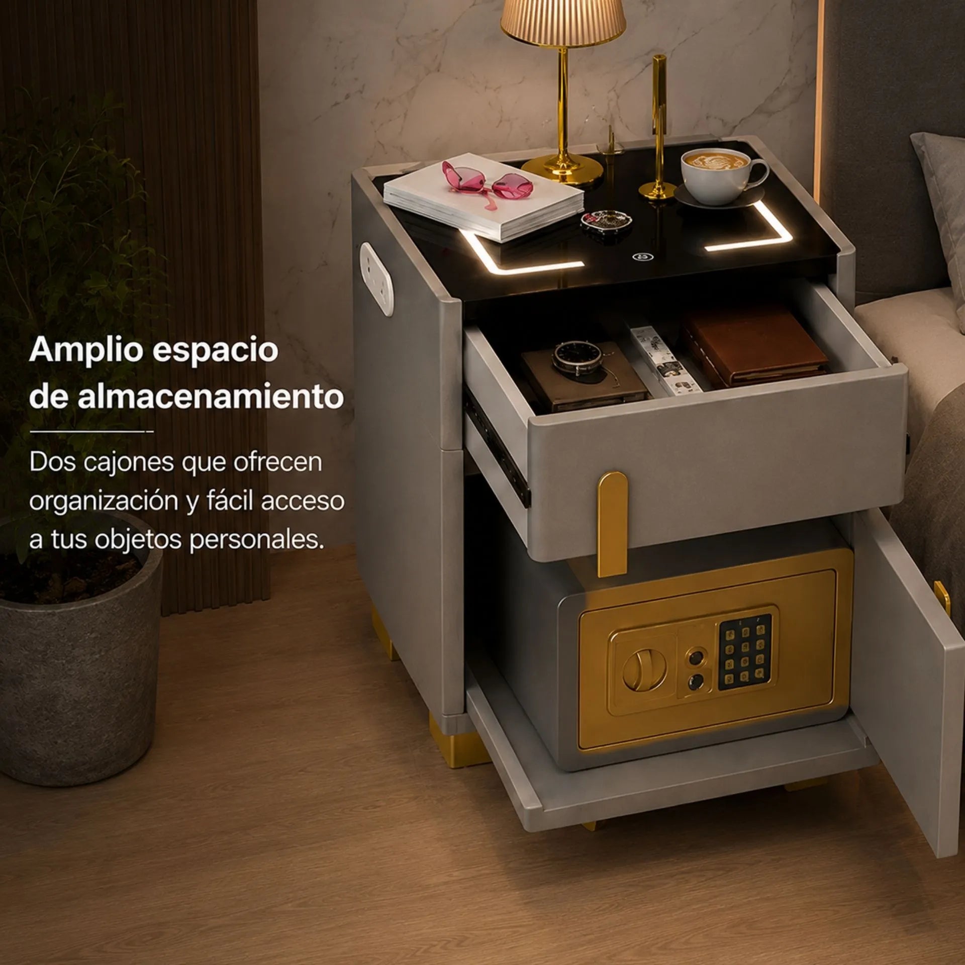 Mesa De Noche Inteligente Con Carga Inalámbrica, Luz LED Y Puertos USB AE0526