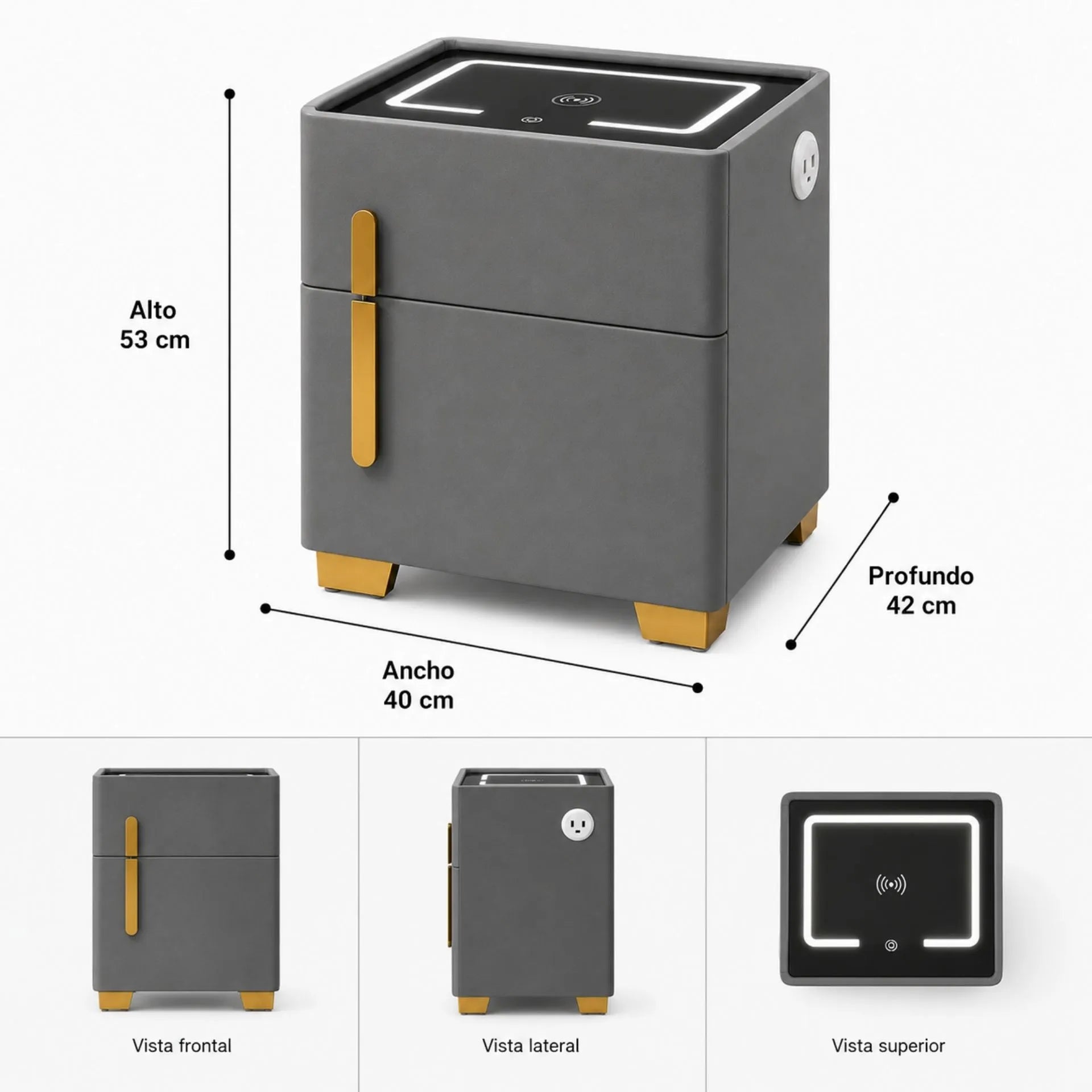 Mesa De Noche Inteligente Con Carga Inalámbrica, Luz LED Y Puertos USB AE0526