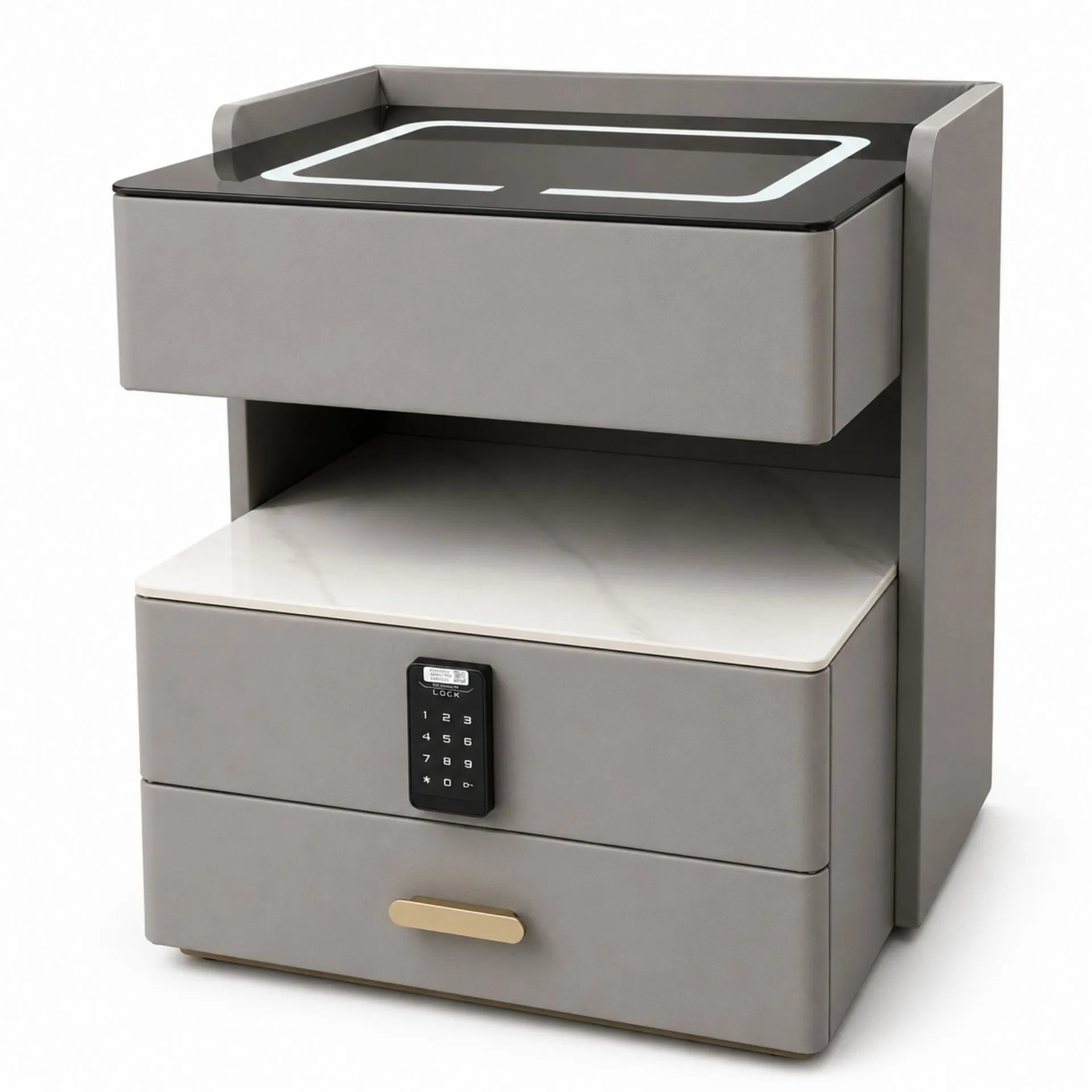 Mesa De Noche Inteligente 3 Cajones Luz LED Carga Inalámbrica Cerradura Digital Y USB AE0527
