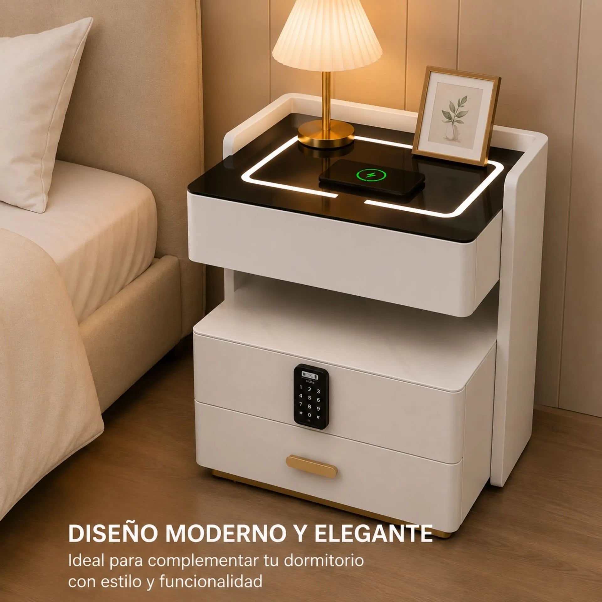 Mesa De Noche Inteligente 3 Cajones Luz LED Carga Inalámbrica Cerradura Digital Y USB AE0527
