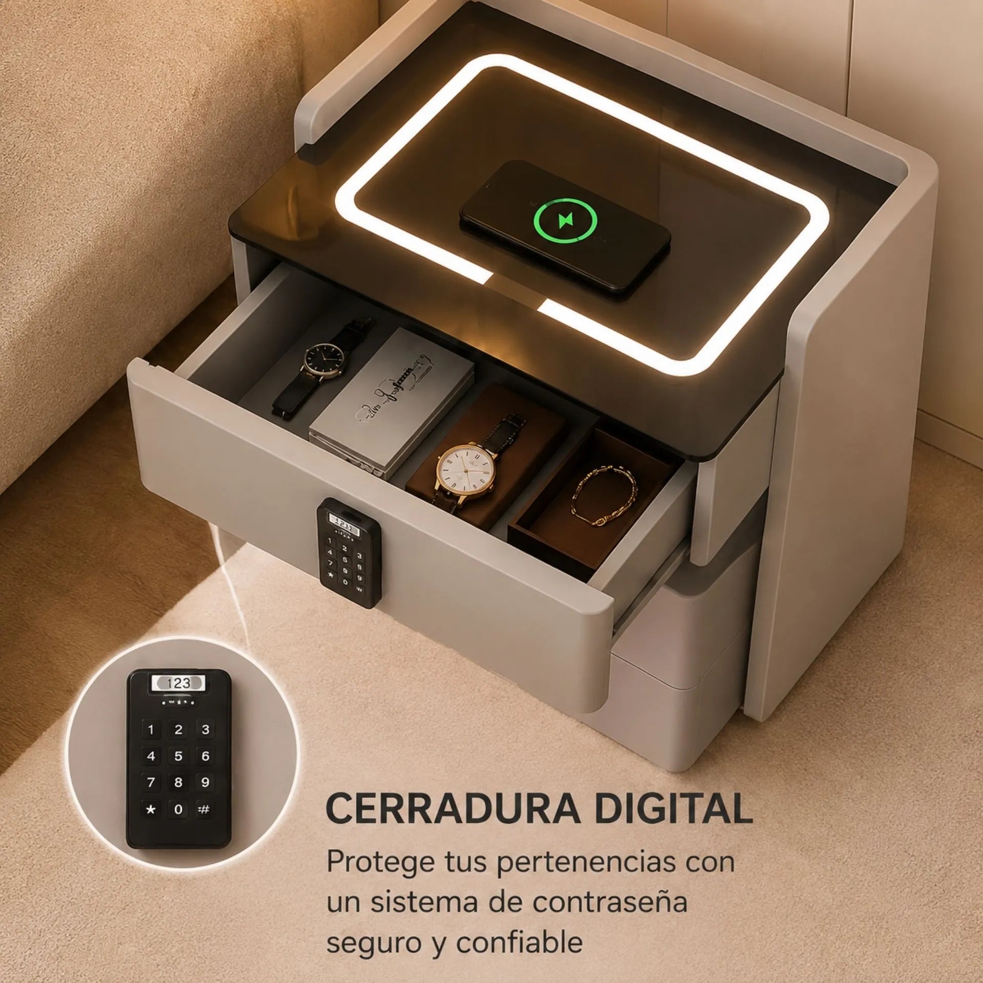 Mesa De Noche Inteligente 3 Cajones Luz LED Carga Inalámbrica Cerradura Digital Y USB AE0527