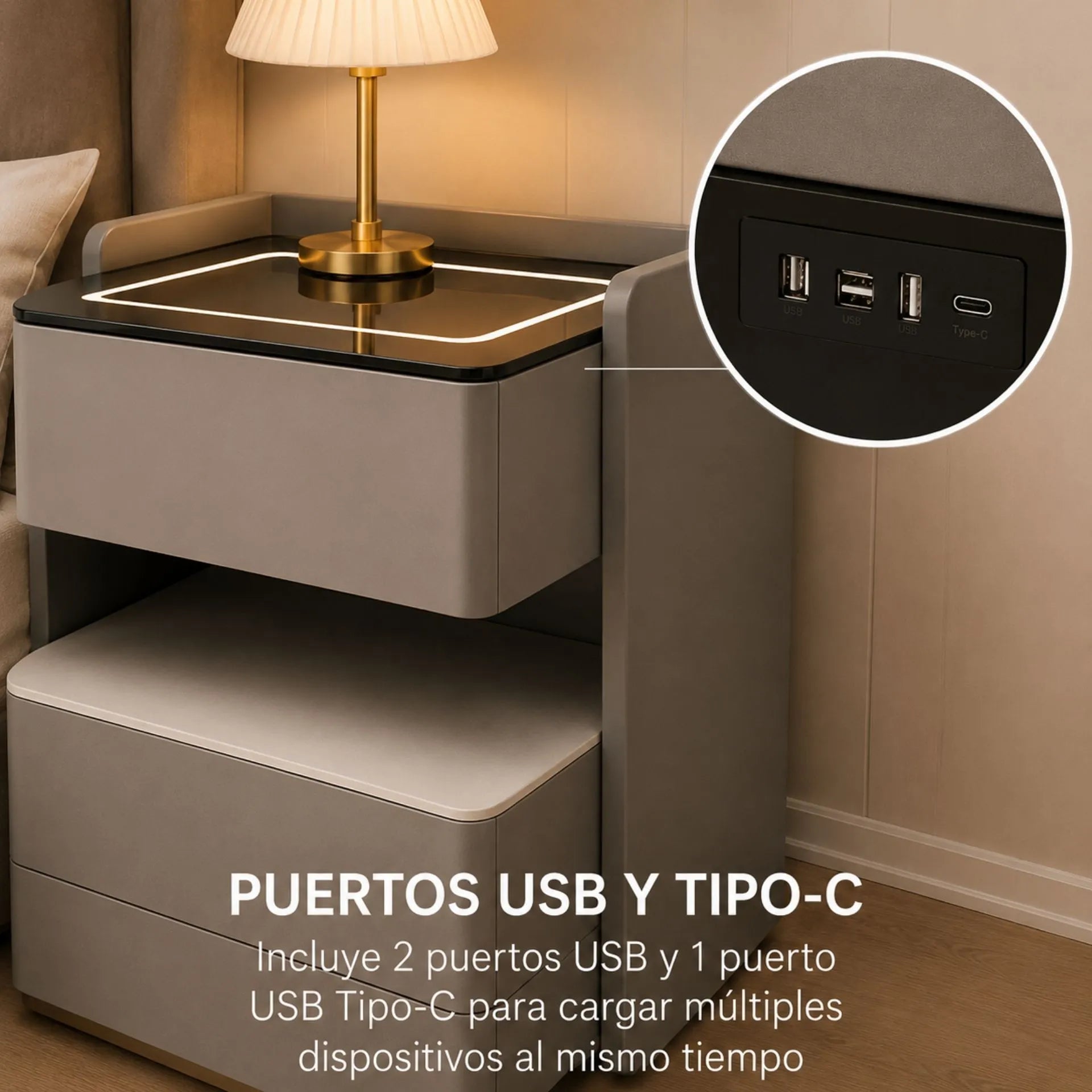 Mesa De Noche Inteligente 3 Cajones Luz LED Carga Inalámbrica Cerradura Digital Y USB AE0527